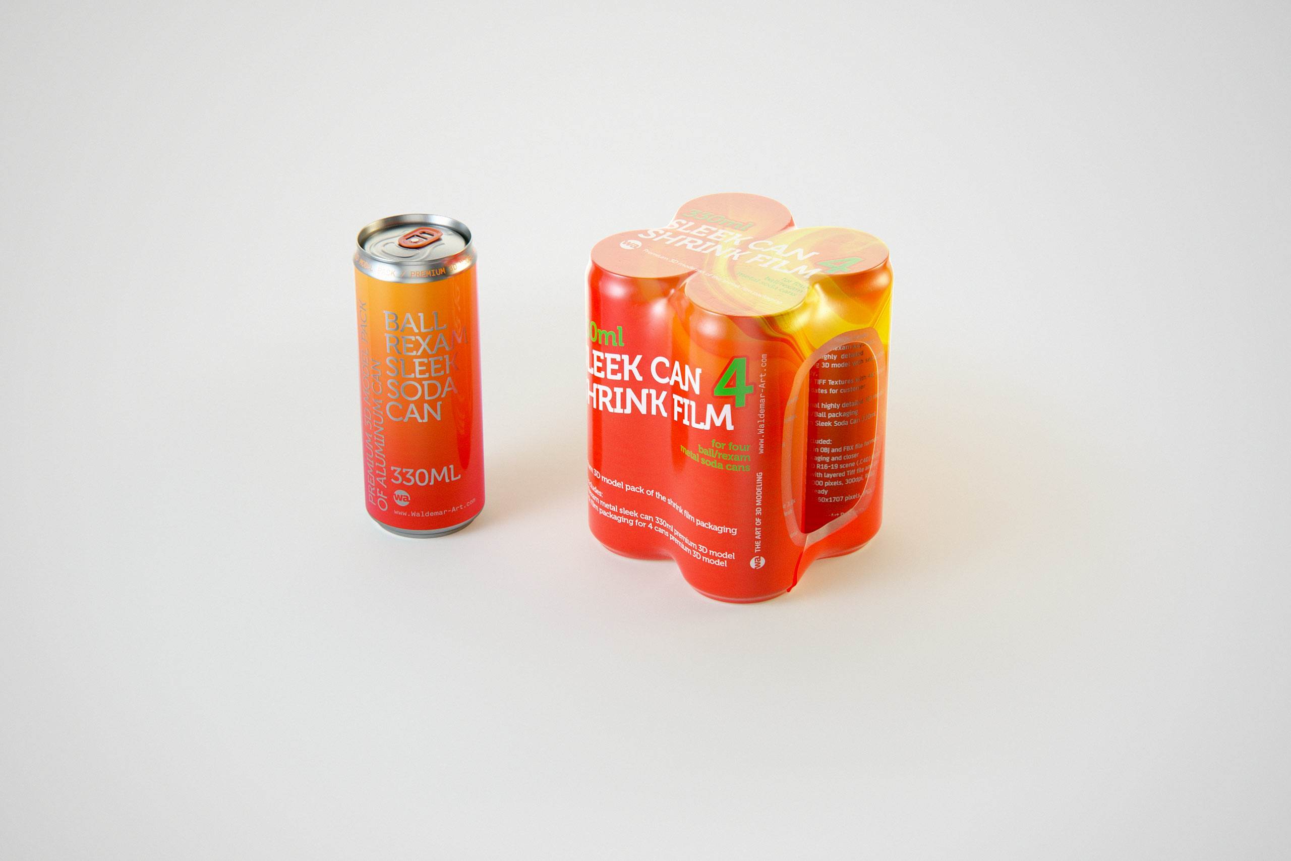 Premium packaging 3D Model of 4x330ml Sleek Soda Cans in Smooth Shrink Film Wrap
