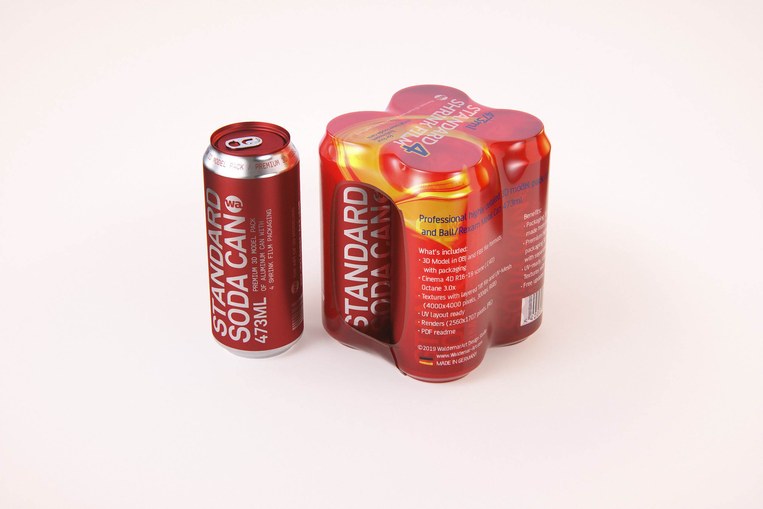 Premium packaging 3D Model of 4x473ml Standard Soda Cans in Shrink Film Wrap