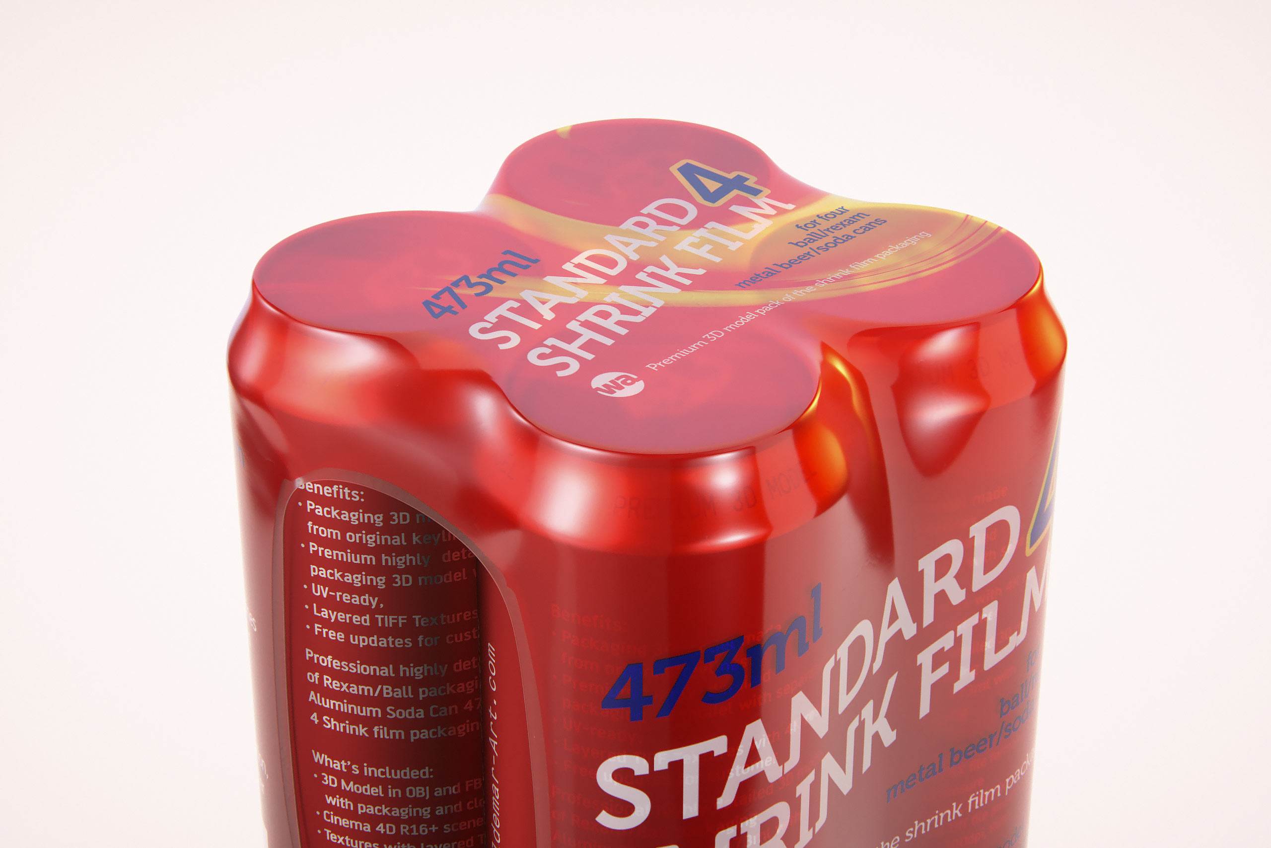 Premium packaging 3D Model of 4x473ml Standard Soda Cans in Shrink Film Wrap