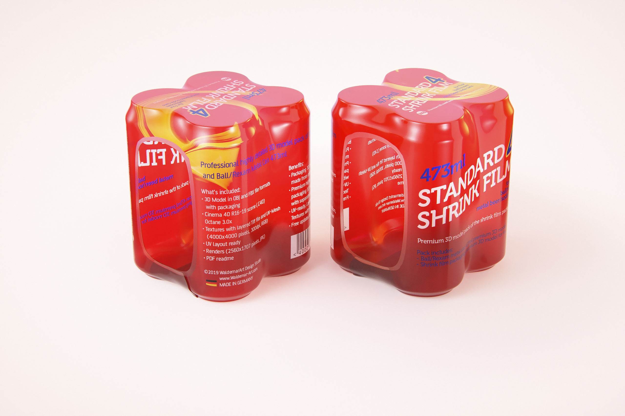 Premium packaging 3D Model of 4x473ml Standard Soda Cans in Shrink Film Wrap