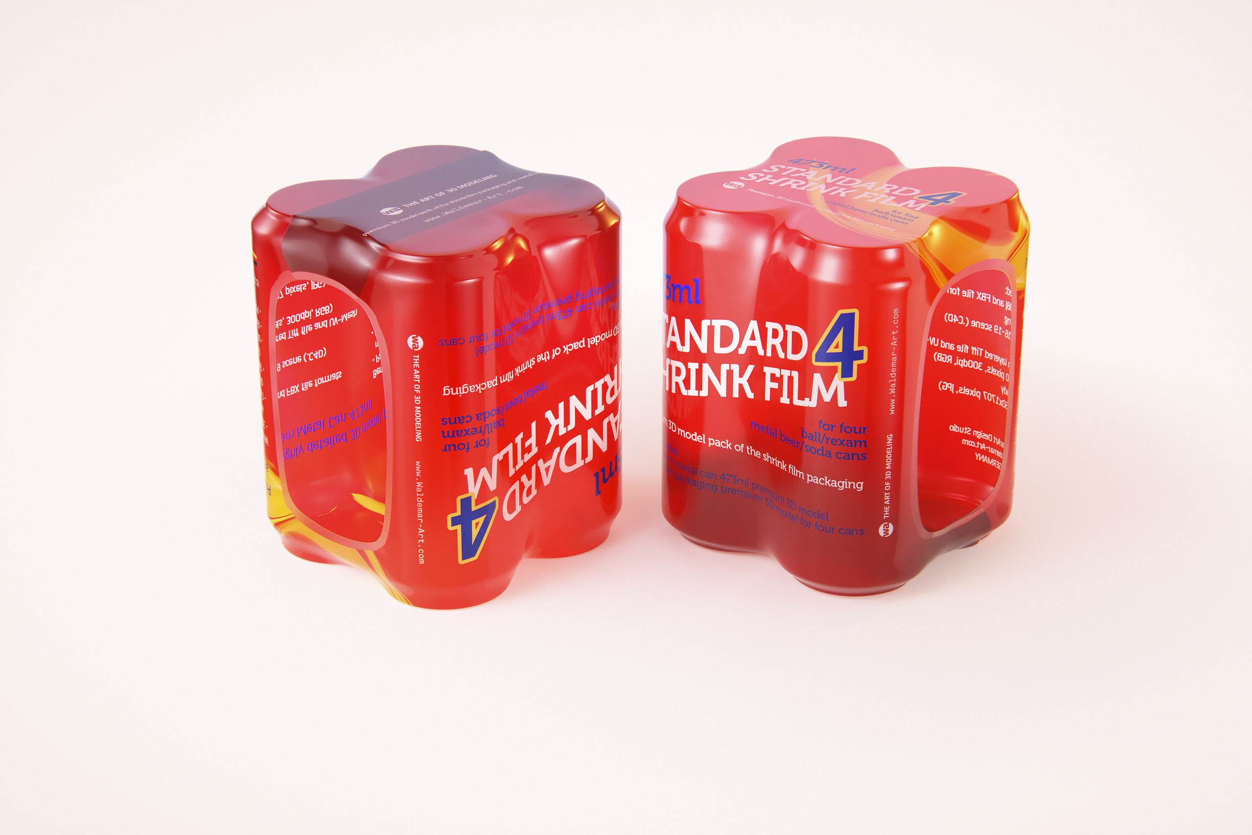 Premium packaging 3D Model of 4x473ml Standard Soda Cans in Shrink Film Wrap