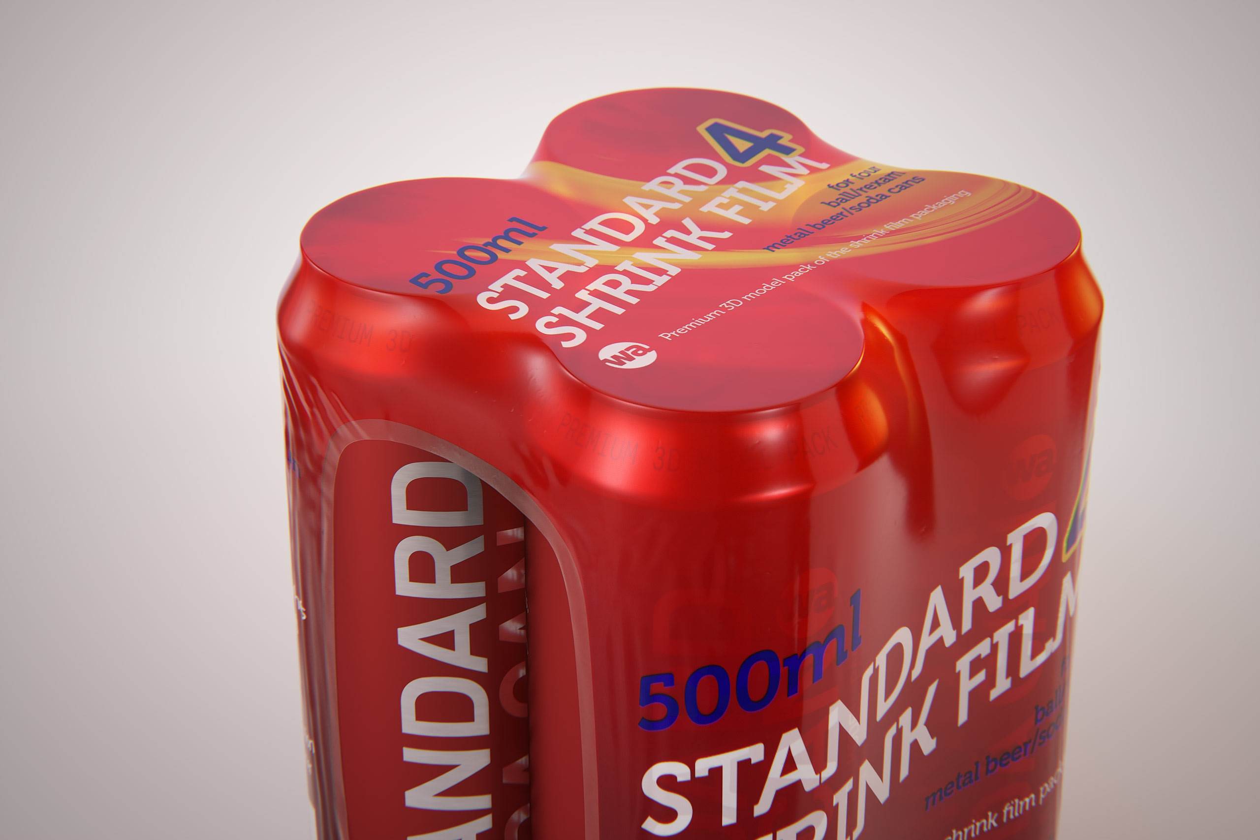 Premium packaging 3D Model of 4x500ml Standard Beer/Soda Cans in Shrink Film Wrap