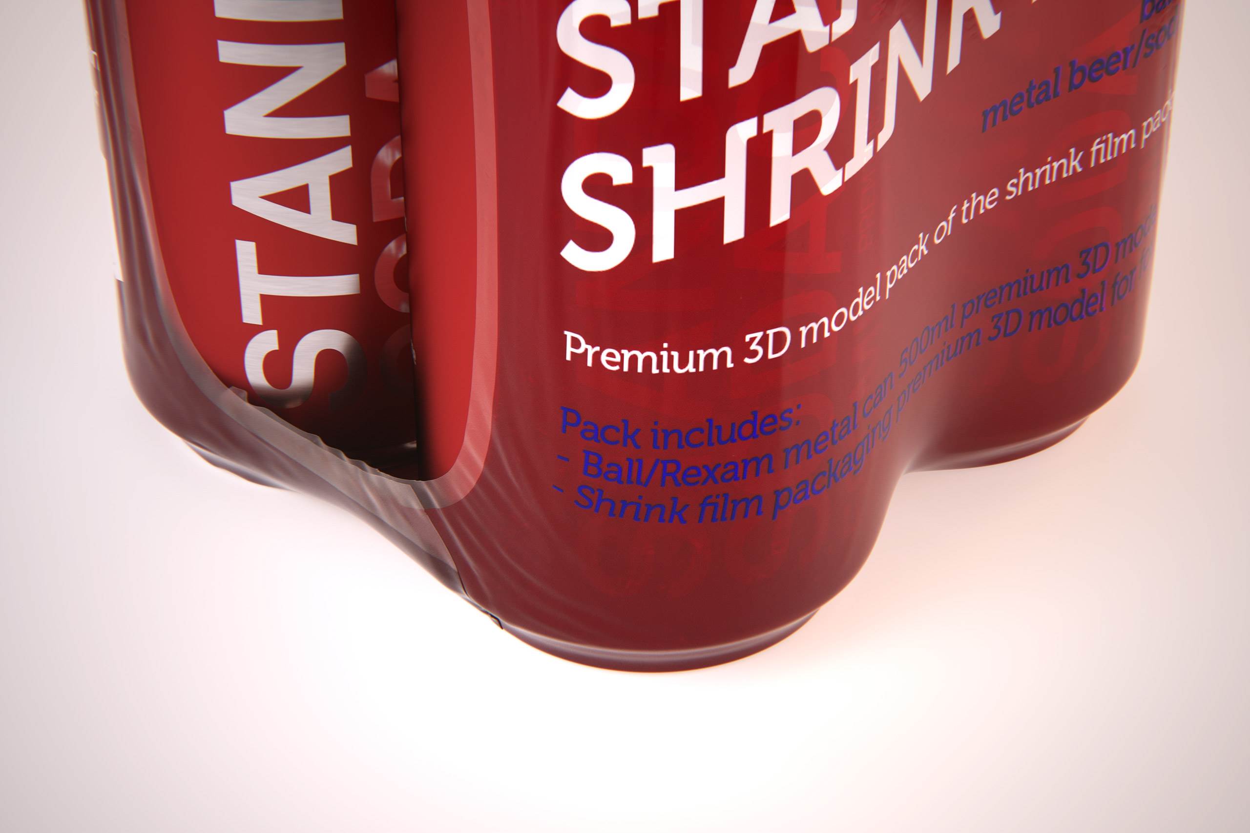 Premium packaging 3D Model of 4x500ml Standard Beer/Soda Cans in Shrink Film Wrap