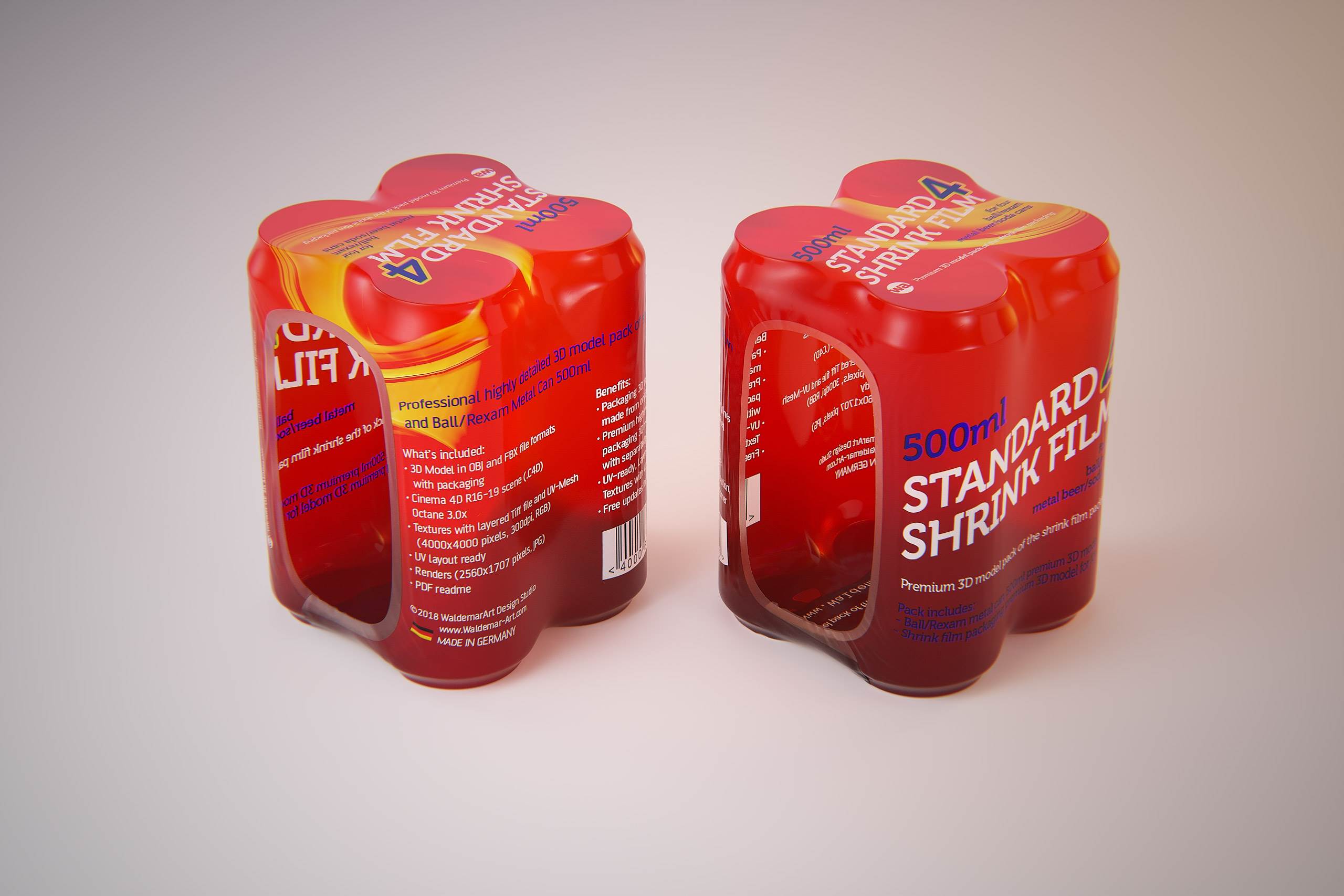 Premium packaging 3D Model of 4x500ml Standard Beer/Soda Cans in Shrink Film Wrap