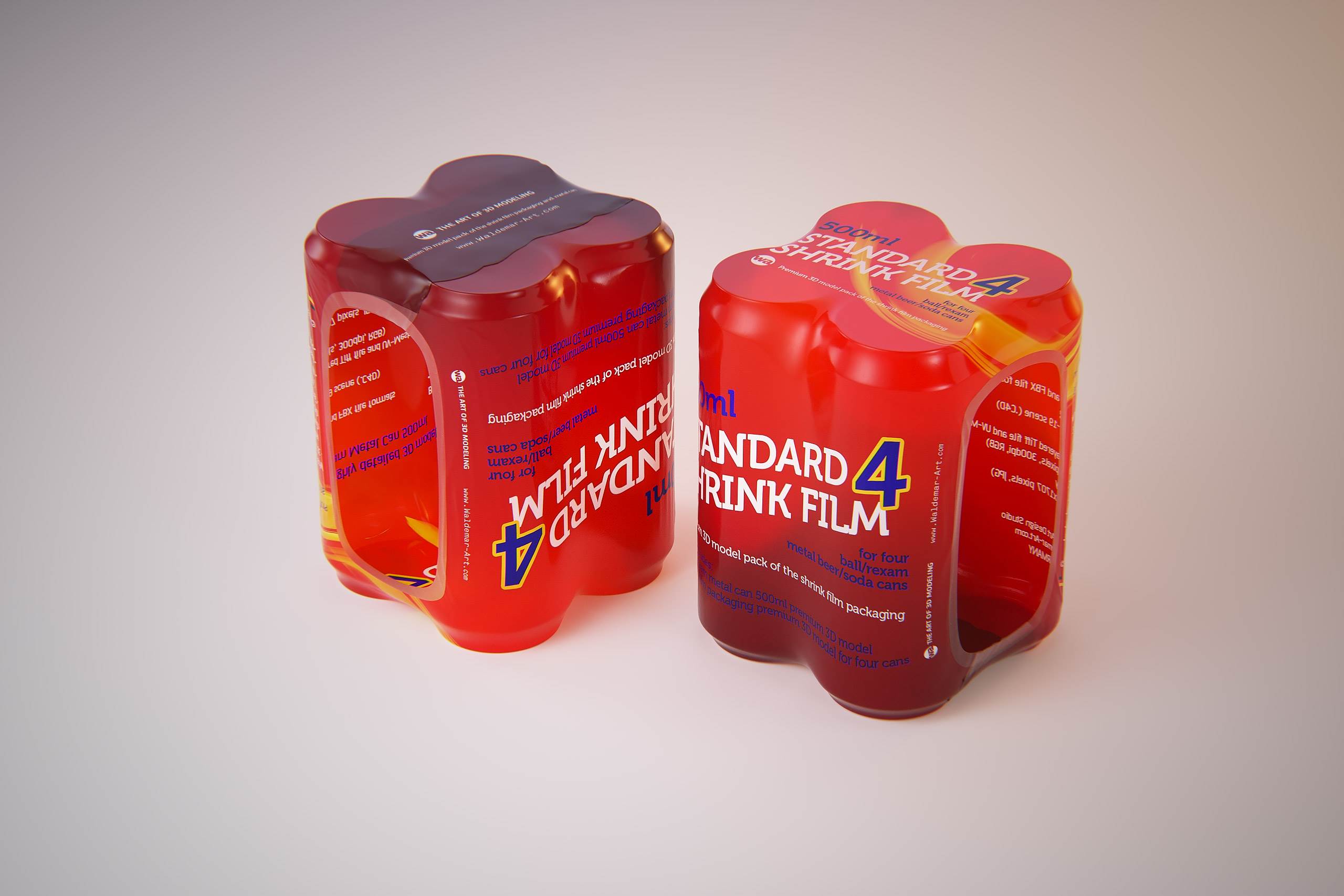 Premium packaging 3D Model of 4x500ml Standard Beer/Soda Cans in Shrink Film Wrap