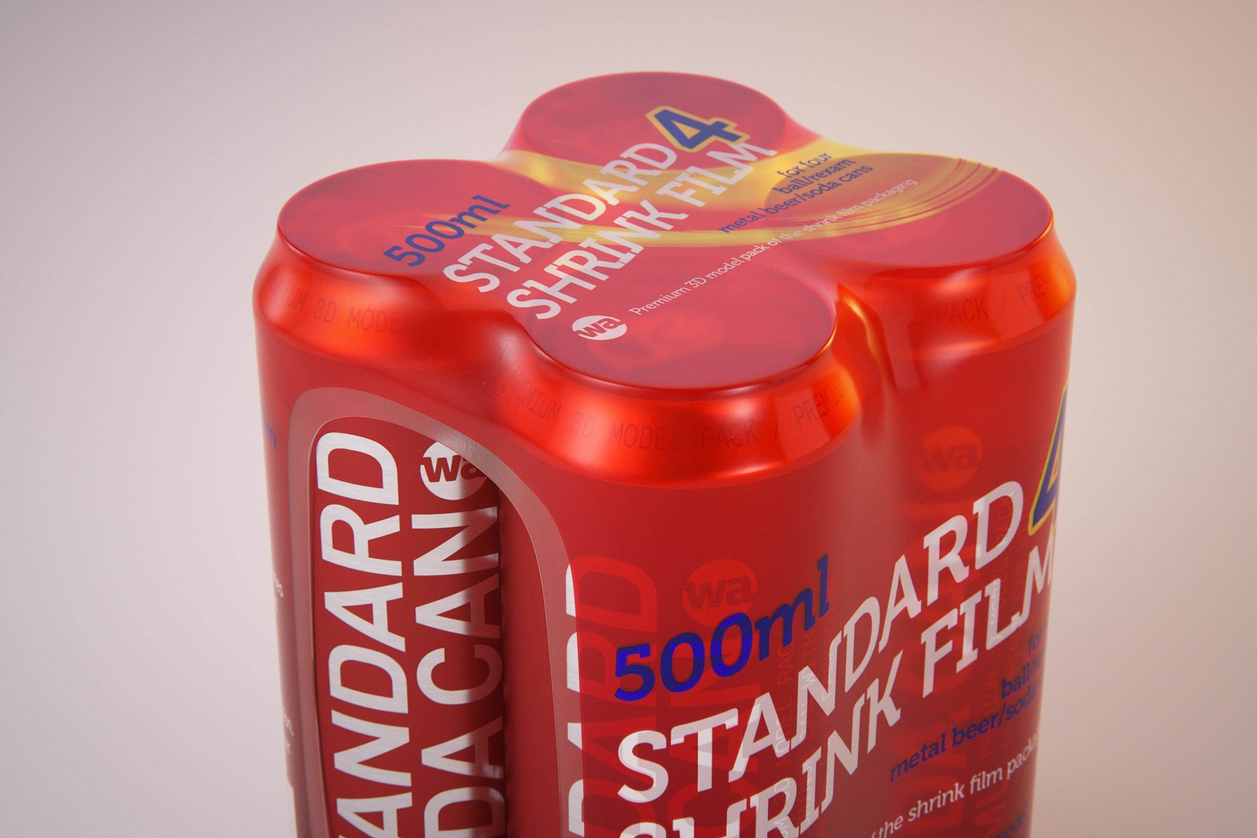 Premium packaging 3D Model of 4x500ml Standard Beer/Soda Cans in Smooth Shrink Film Wrap