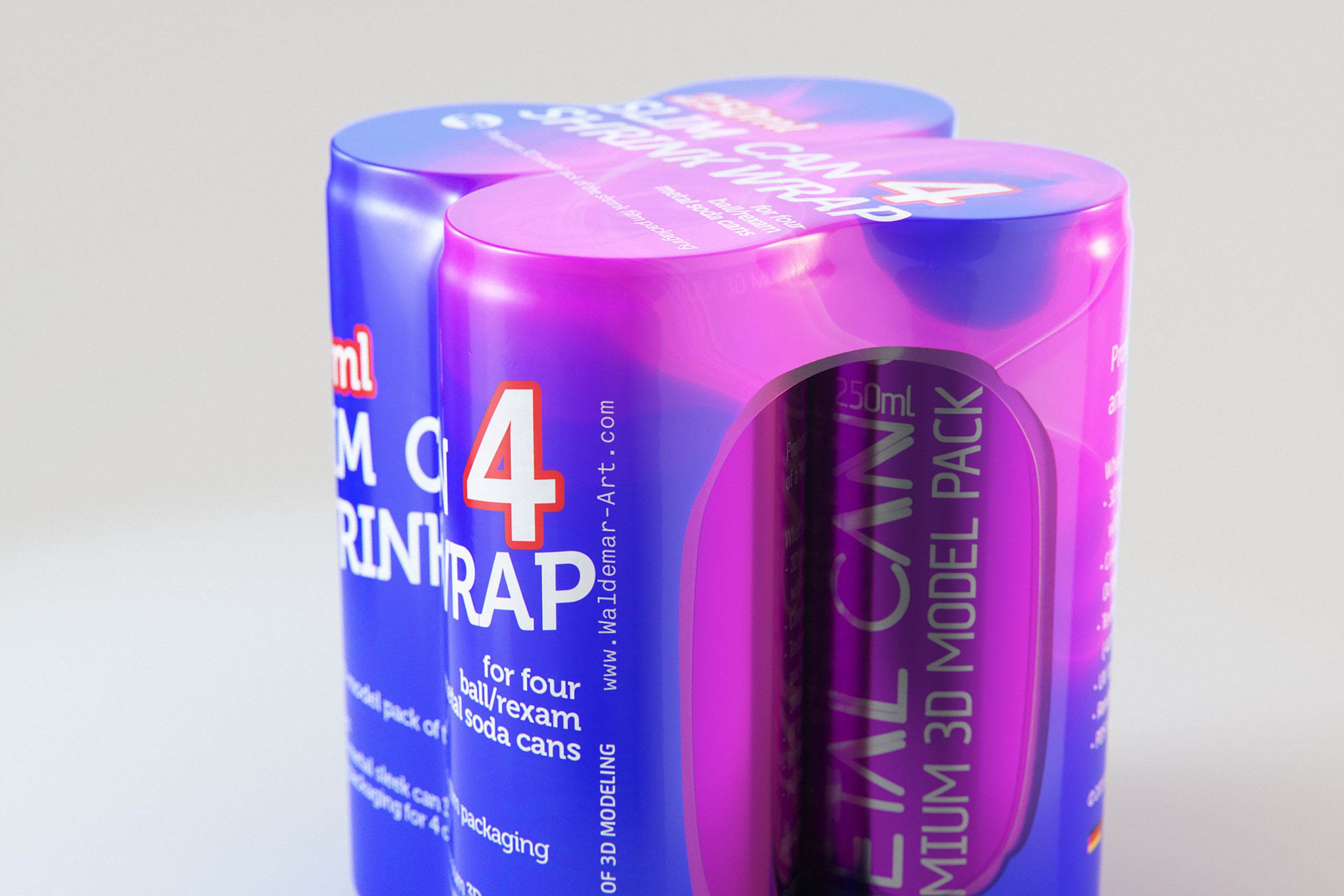 Premium Packaging 3D Model of 4x250ml Slim Soda Cans in Shrink Film Wrap