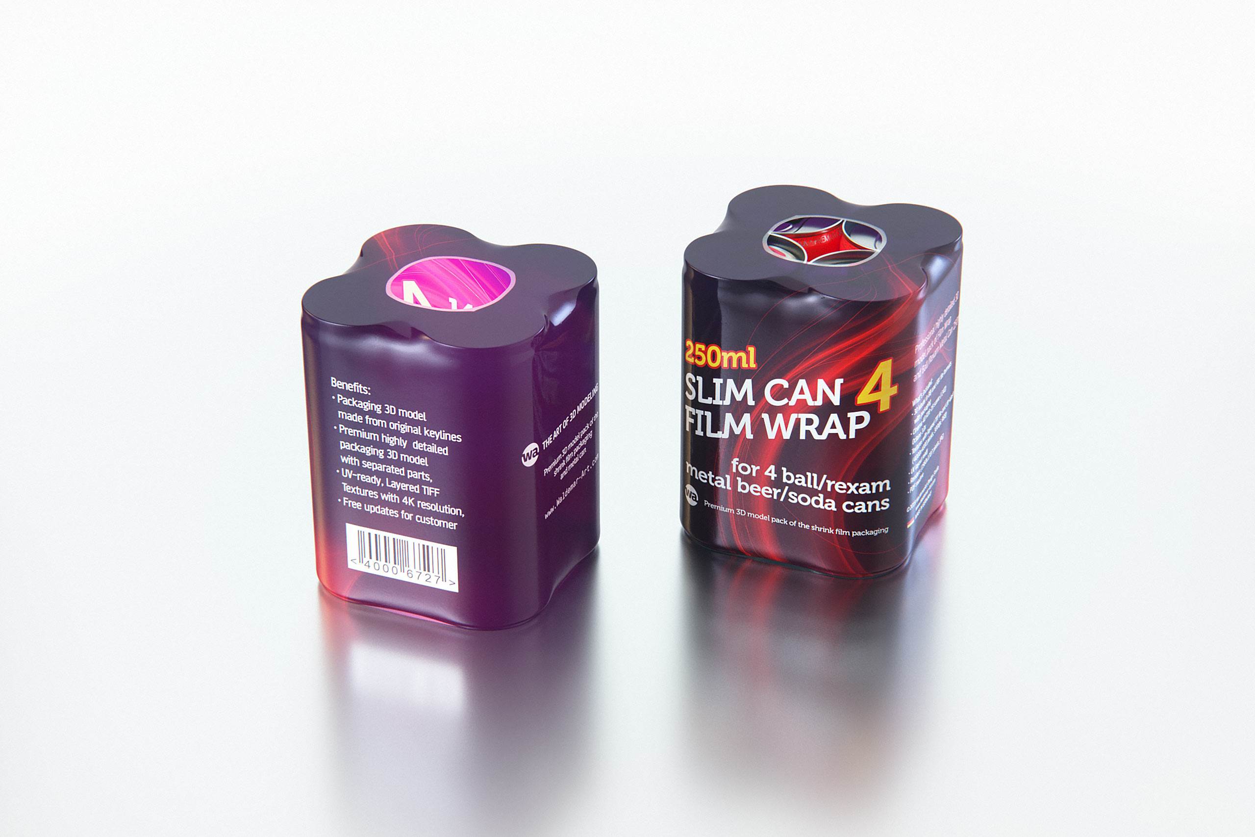 Premium 3D Model of 4x250ml Slim Soda Cans in Shrink Film Wrap