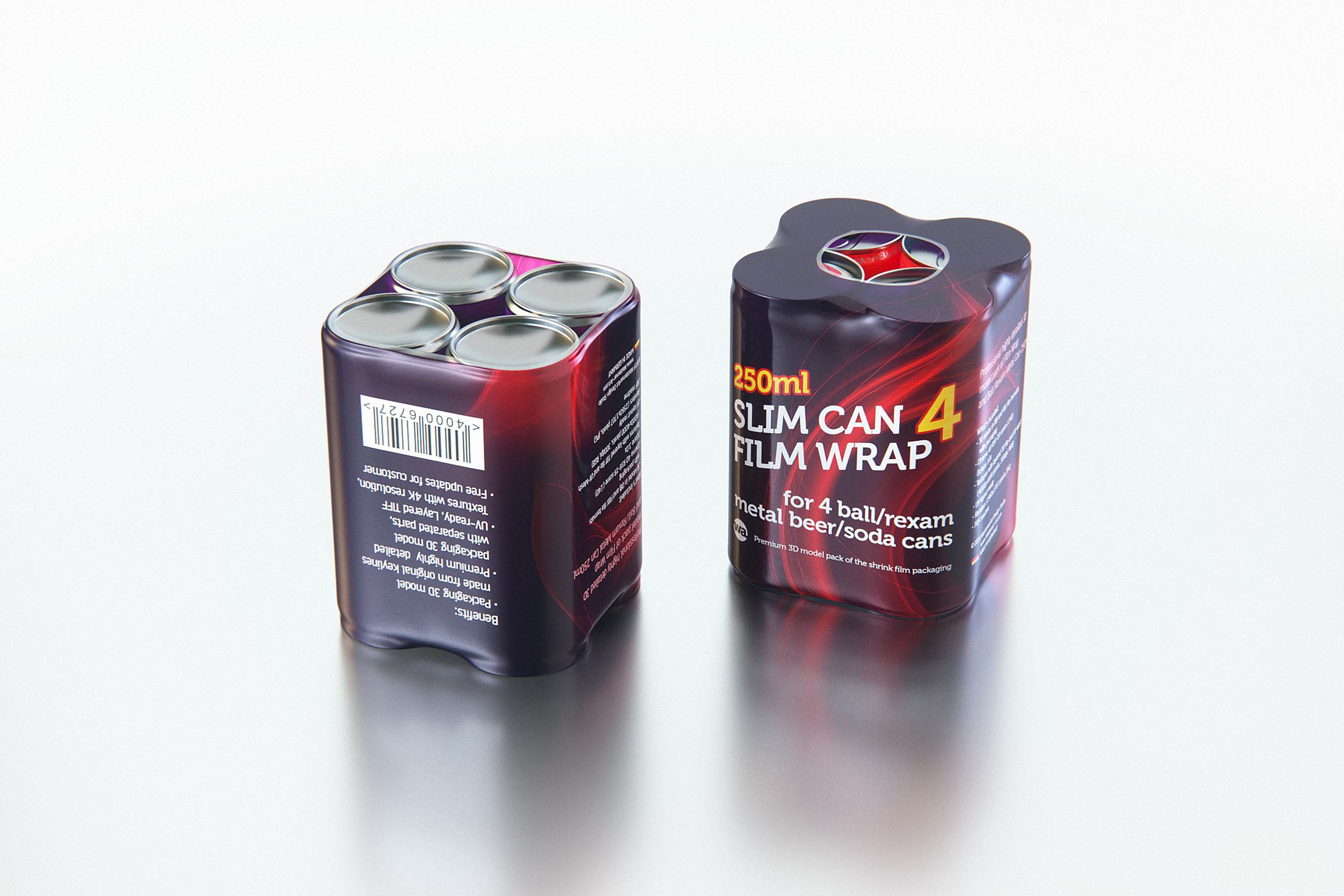 Premium 3D Model of 4x250ml Slim Soda Cans in Shrink Film Wrap
