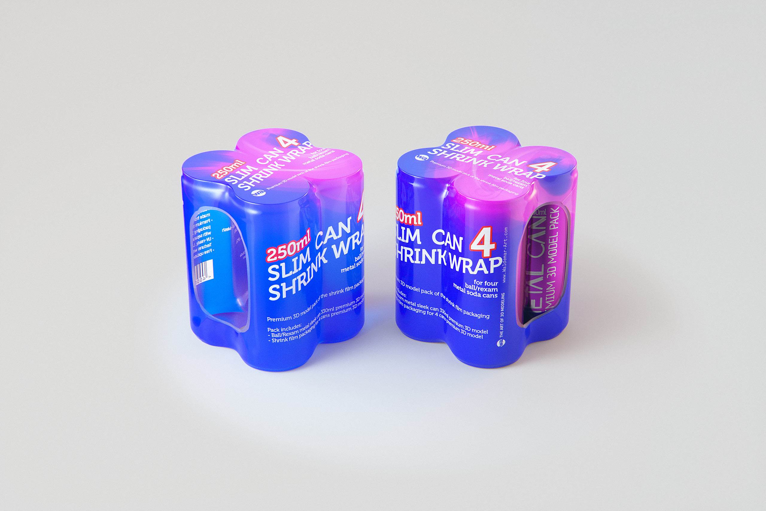 Premium Packaging 3D Model of 4x250ml Slim Soda Cans in Shrink Film Wrap