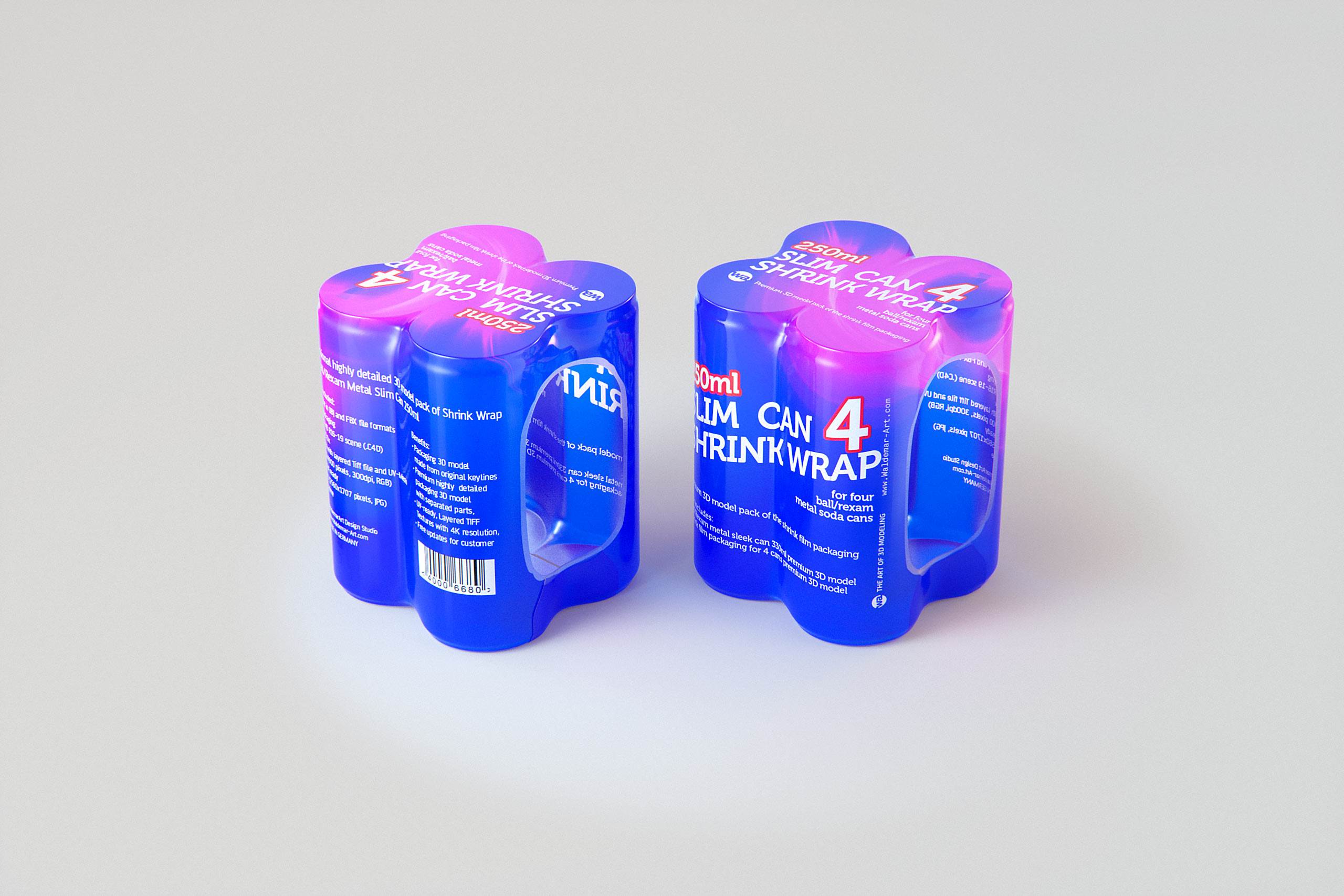 Premium Packaging 3D Model of 4x250ml Slim Soda Cans in Shrink Film Wrap