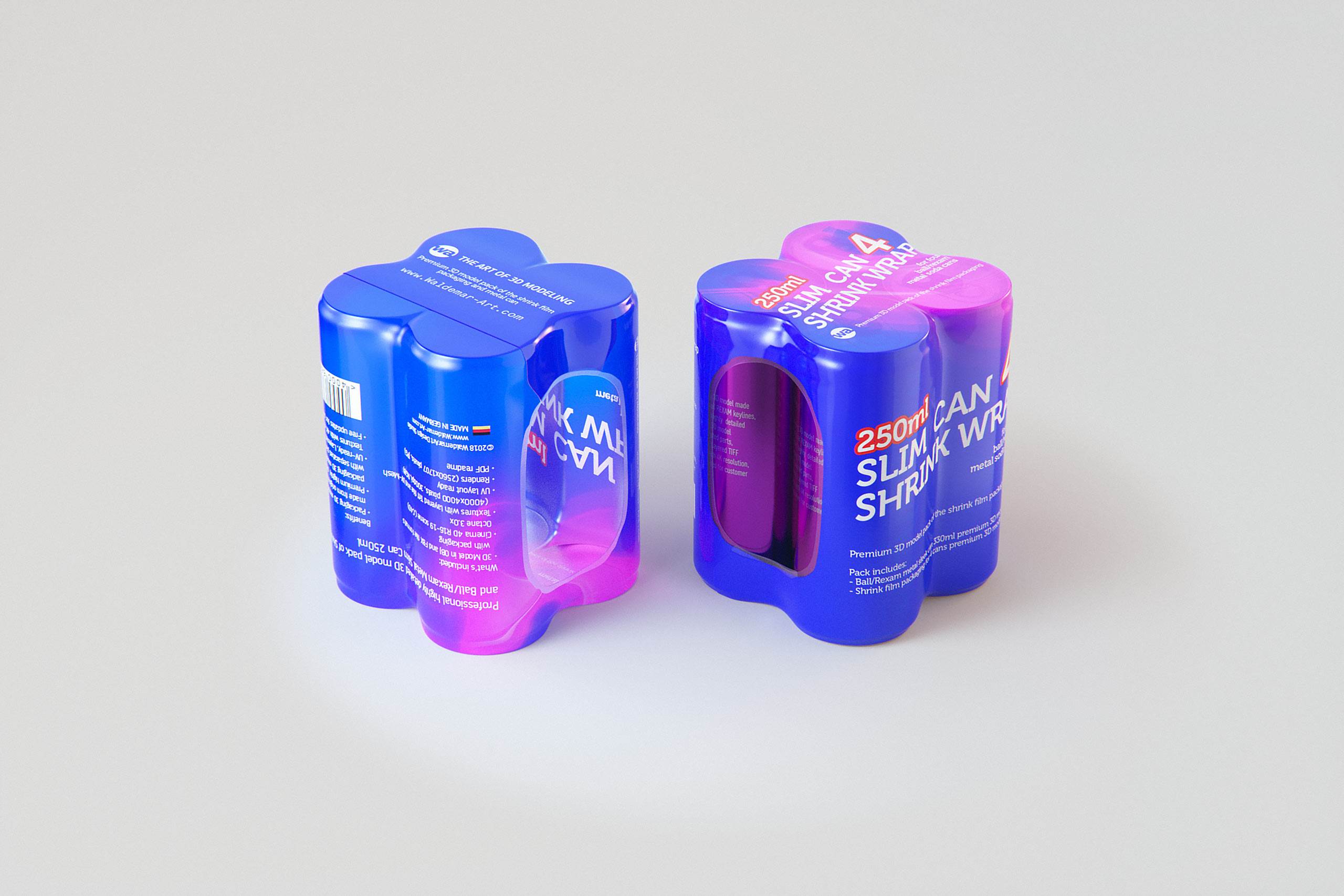 Premium Packaging 3D Model of 4x250ml Slim Soda Cans in Shrink Film Wrap