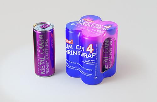 Multipack of 4×250ml slim soda cans in shrink wrap