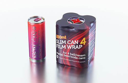 Multipack of 4×250ml slim soda cans in shrink film