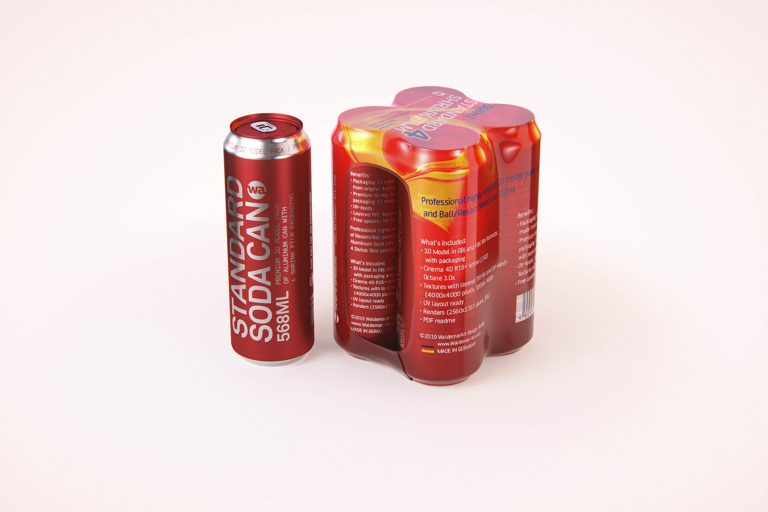 Premium packaging 3D Model of 4x568ml Standard Beer/Soda Cans in Shrink Film Wrap
