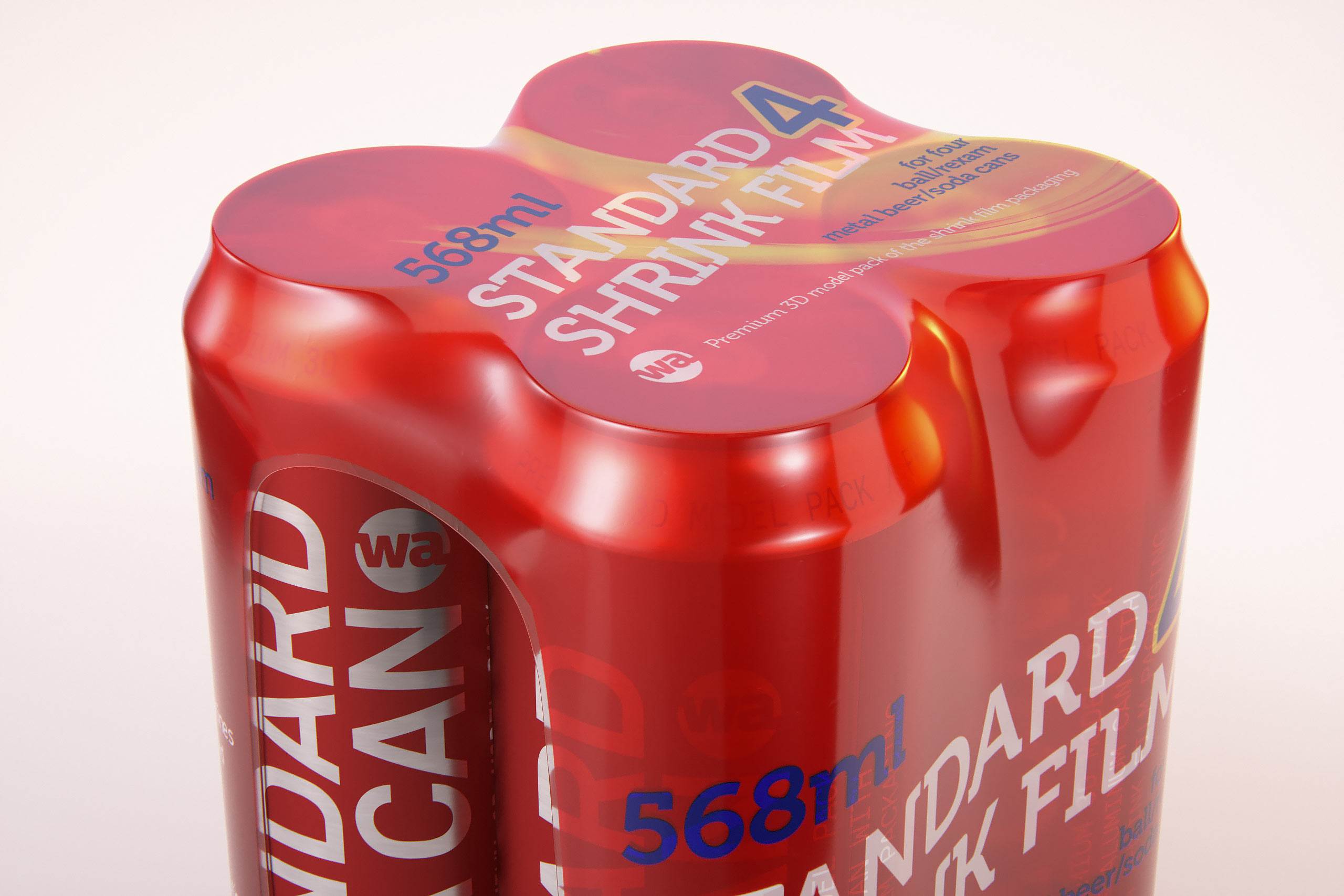 Premium packaging 3D Model of 4x568ml Standard Beer/Soda Cans in Shrink Film Wrap