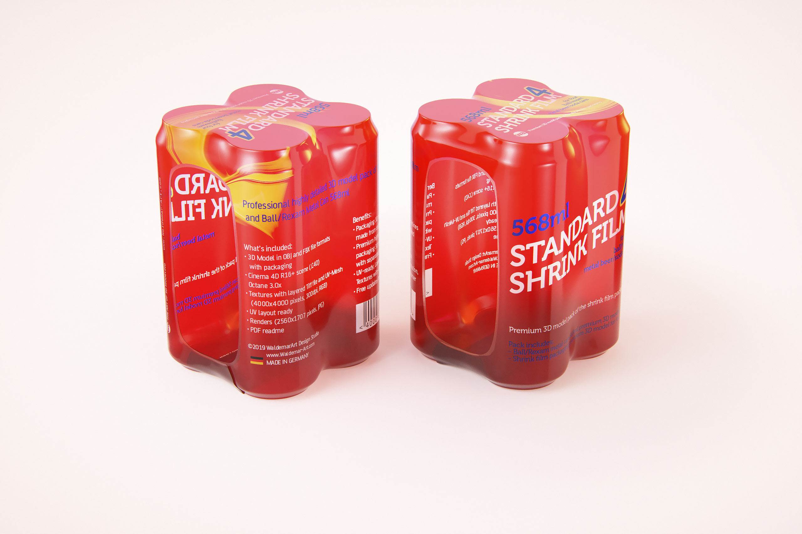 Premium packaging 3D Model of 4x568ml Standard Beer/Soda Cans in Shrink Film Wrap