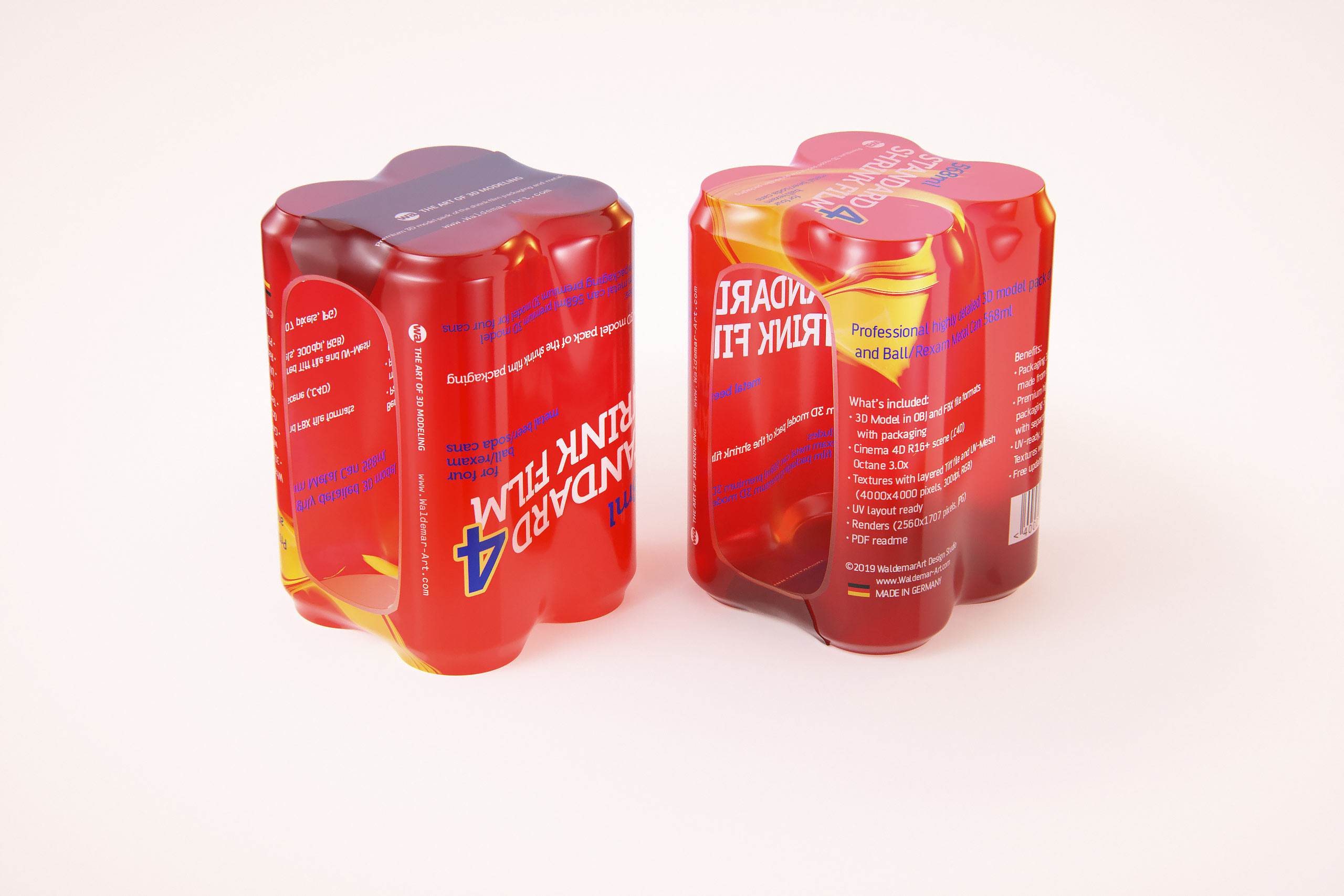 Premium packaging 3D Model of 4x568ml Standard Beer/Soda Cans in Shrink Film Wrap