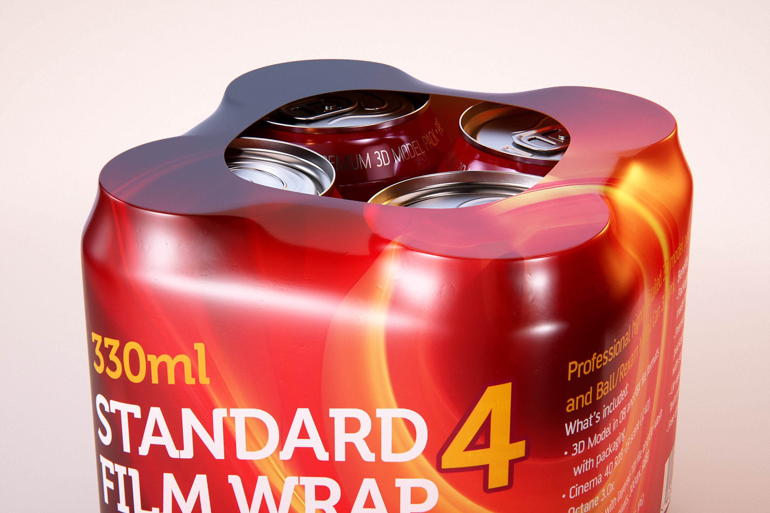 Premium packaging 3D Model of 4x330ml Standard Beer/Soda Cans in Shrink Film Wrap