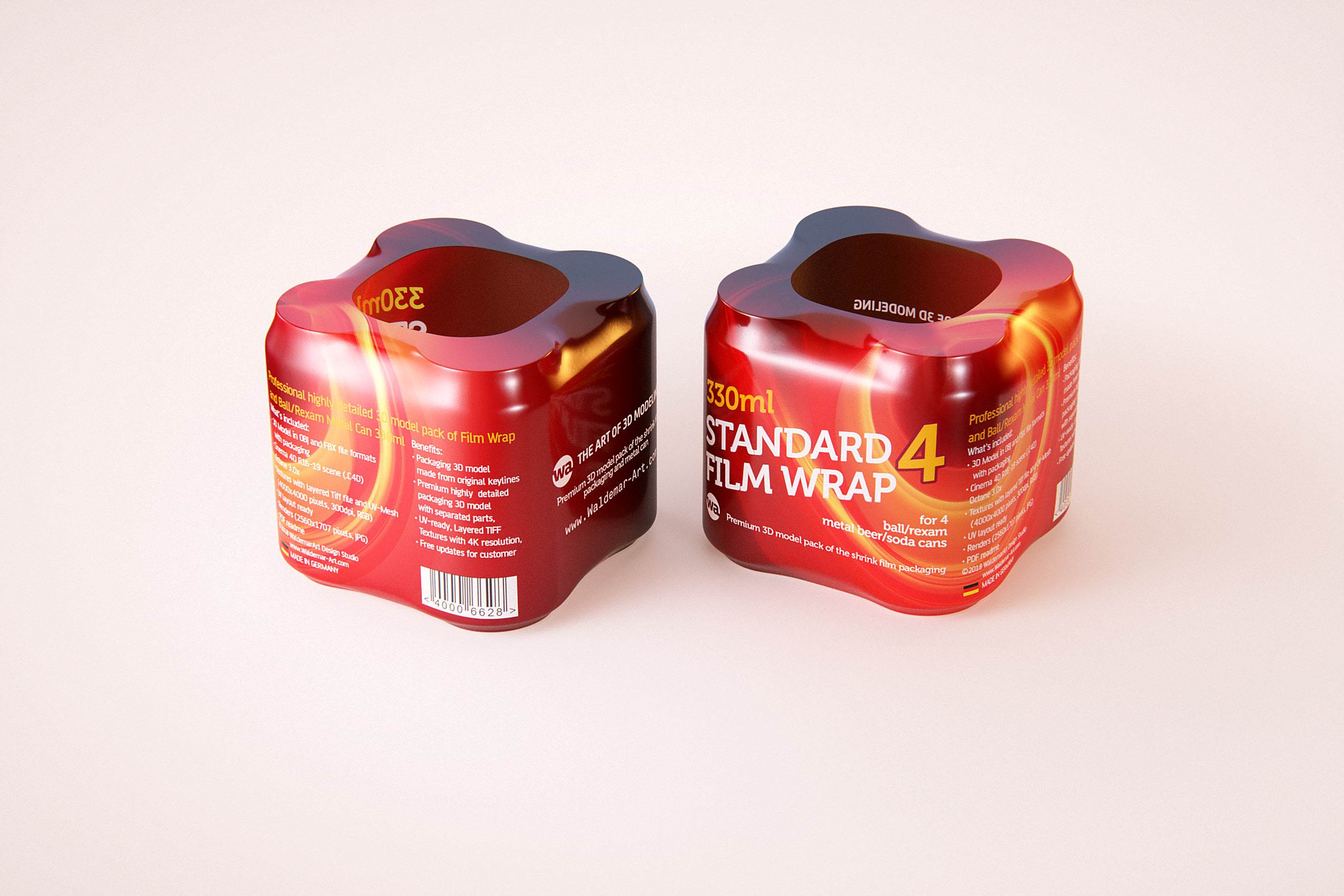 Premium packaging 3D Model of 4x330ml Standard Beer/Soda Cans in Shrink Film Wrap