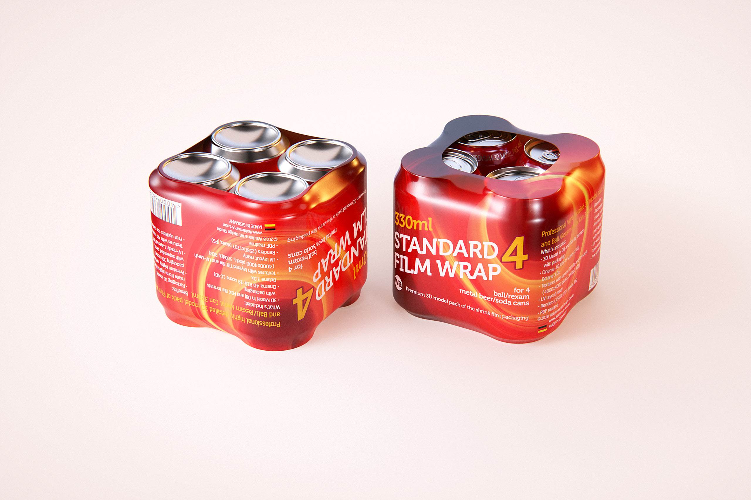 Premium packaging 3D Model of 4x330ml Standard Beer/Soda Cans in Shrink Film Wrap