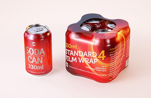 Multipack of 4×330ml standard beer or soda cans, wrapped in shrink film