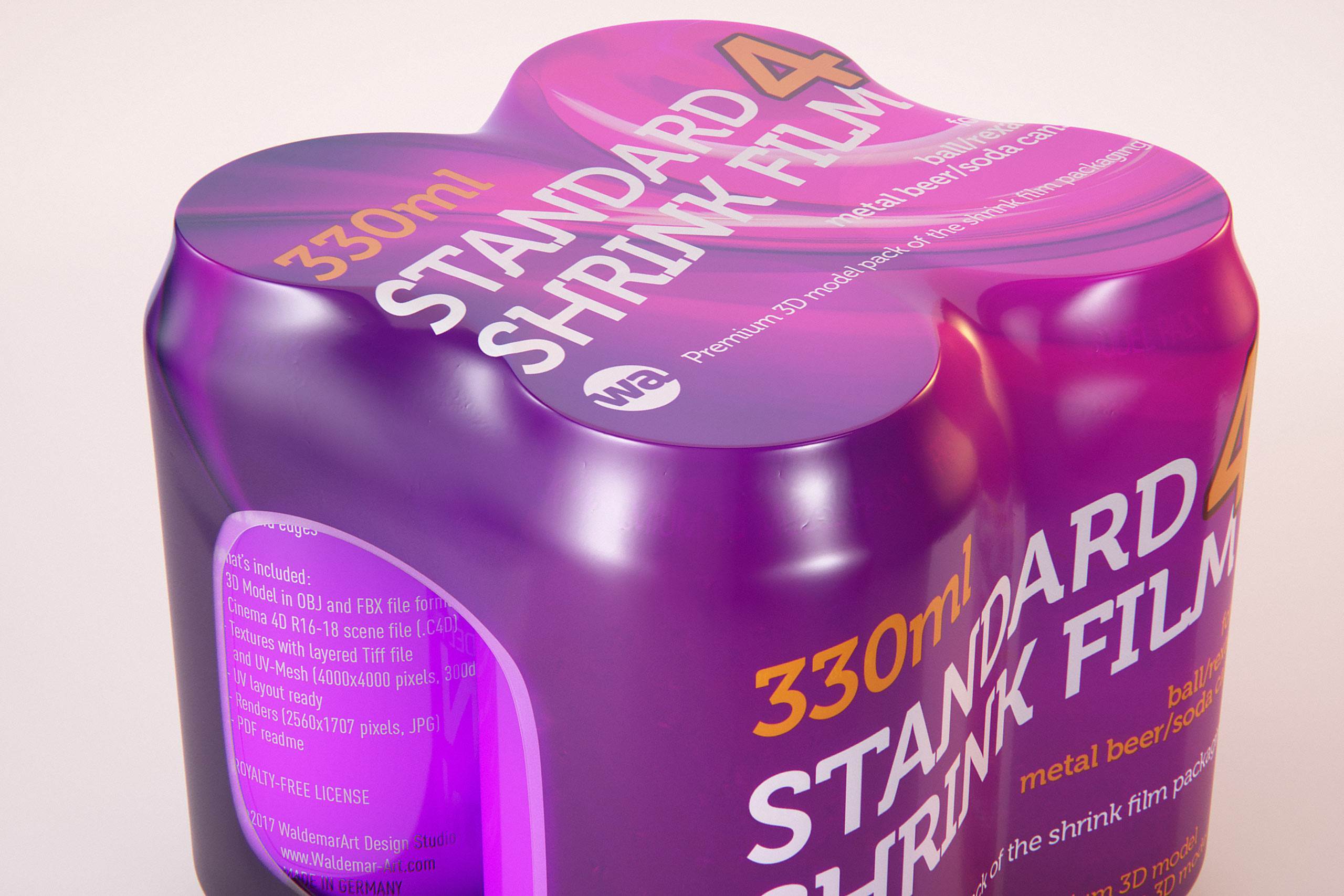 Premium packaging 3D Model of 4x330ml Standard Beer/Soda Cans in Smooth Shrink Film Wrap