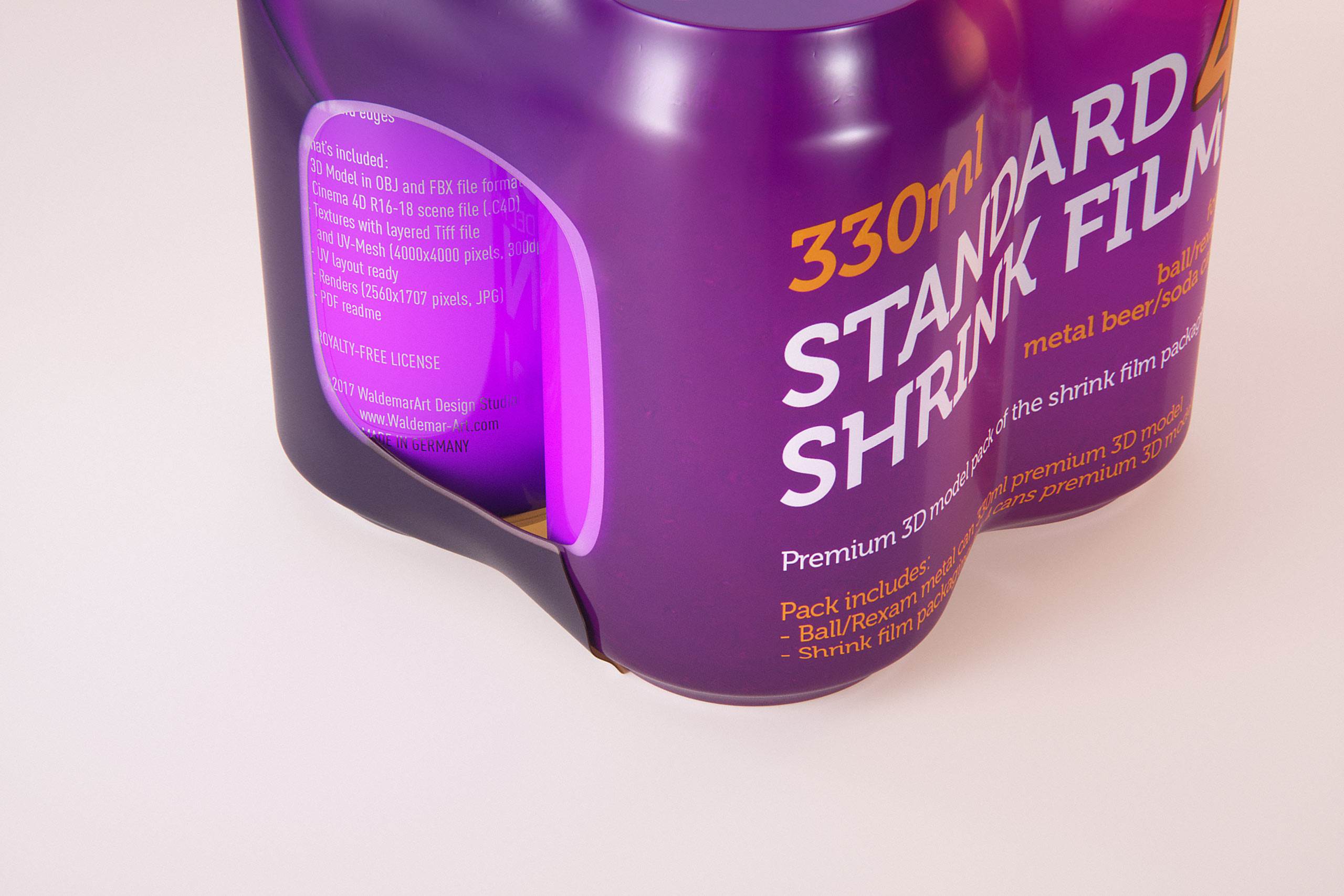 Premium packaging 3D Model of 4x330ml Standard Beer/Soda Cans in Smooth Shrink Film Wrap
