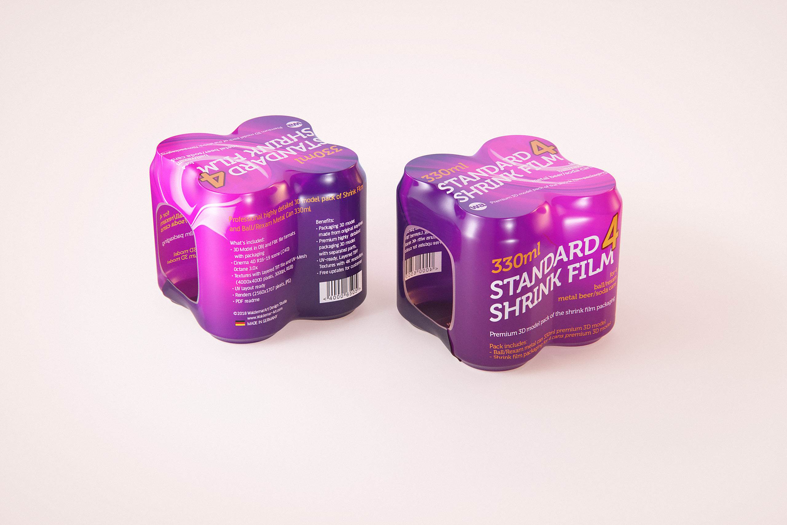 Premium packaging 3D Model of 4x330ml Standard Beer/Soda Cans in Smooth Shrink Film Wrap