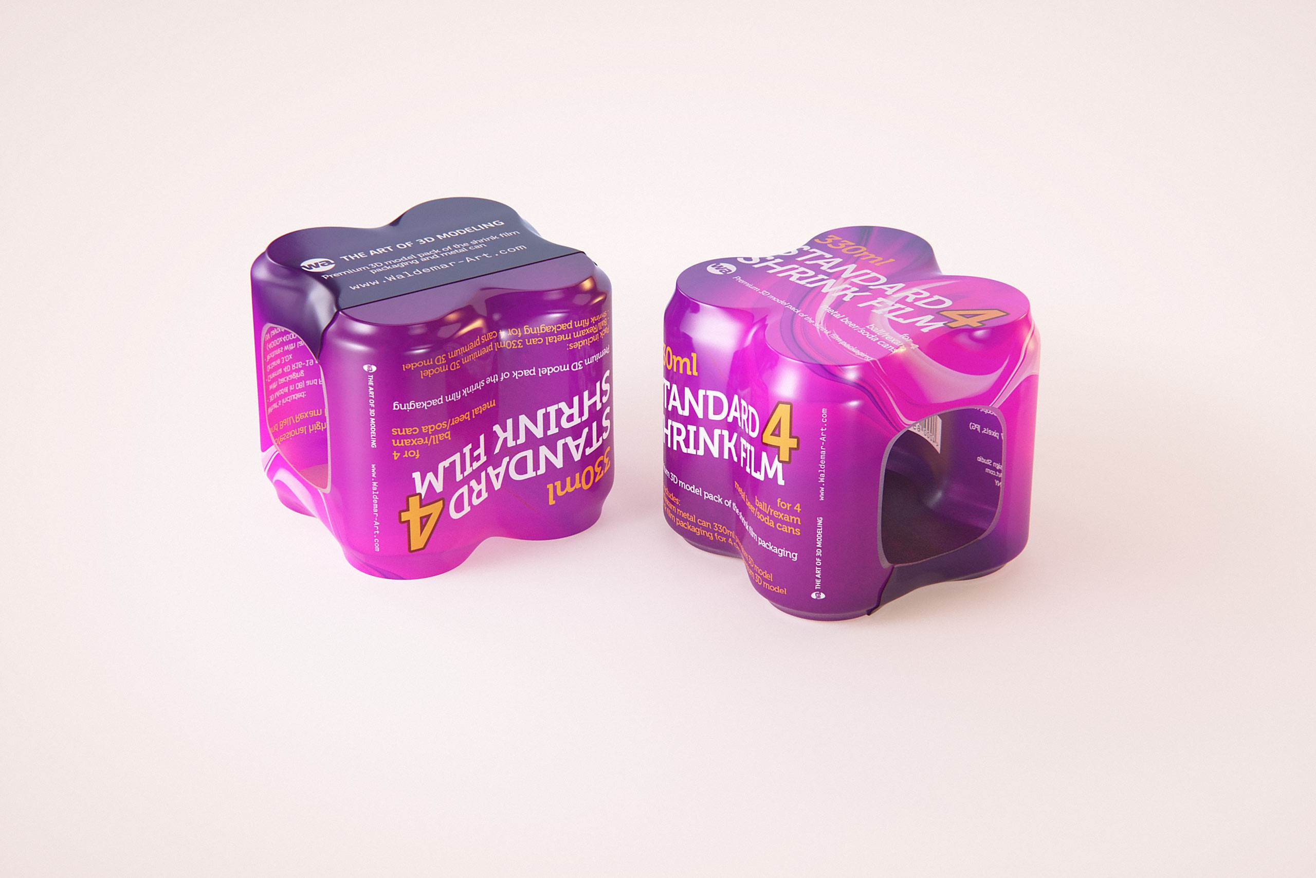 Premium packaging 3D Model of 4x330ml Standard Beer/Soda Cans in Smooth Shrink Film Wrap