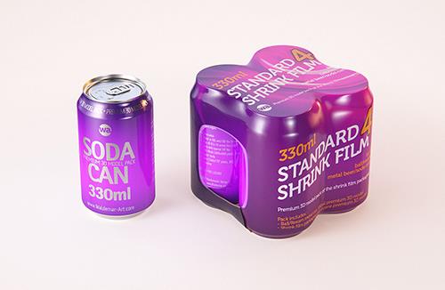 Multipack of 4×330ml standard beer or soda cans, wrapped in smooth shrink film