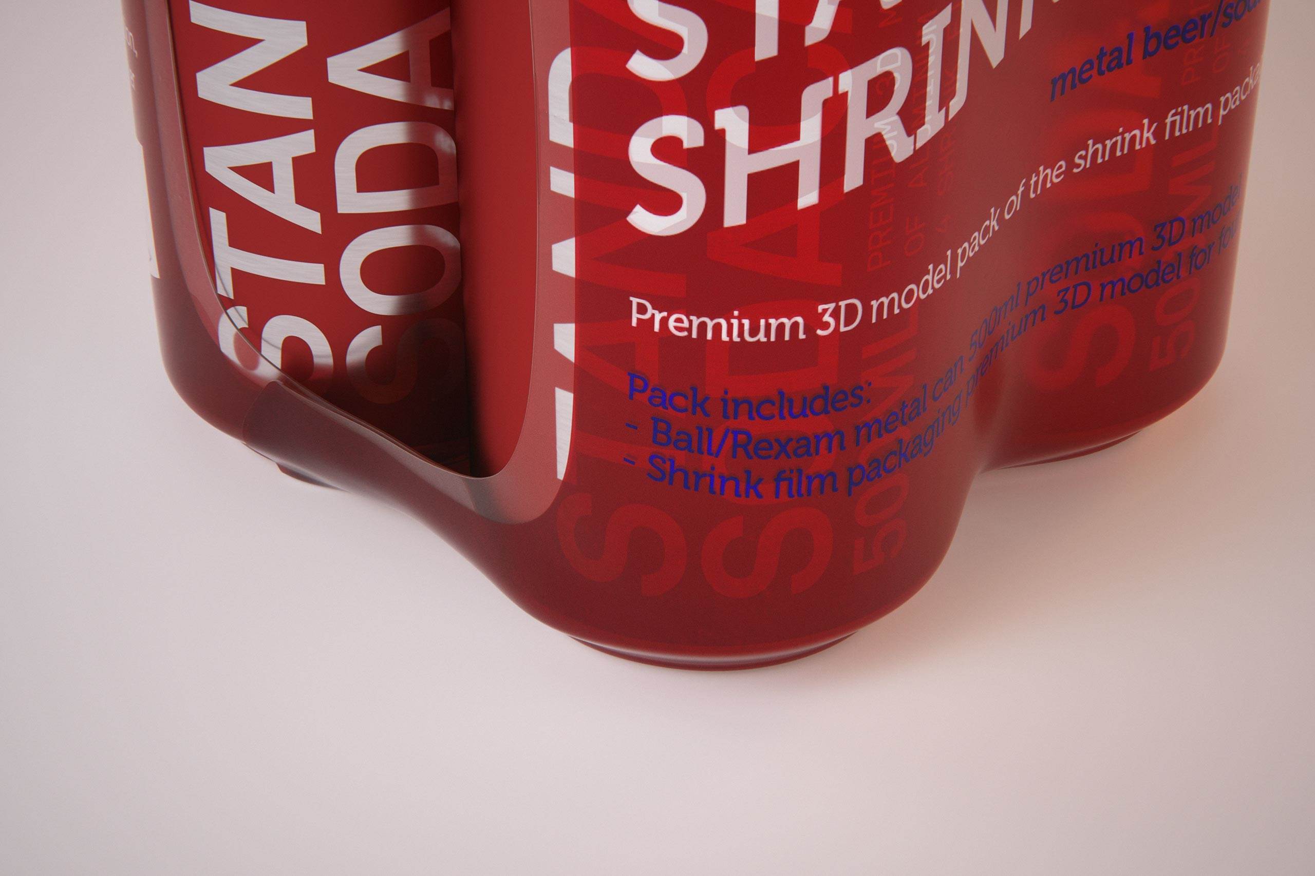 Premium packaging 3D Model of 4x500ml Standard Beer/Soda Cans in Smooth Shrink Film Wrap