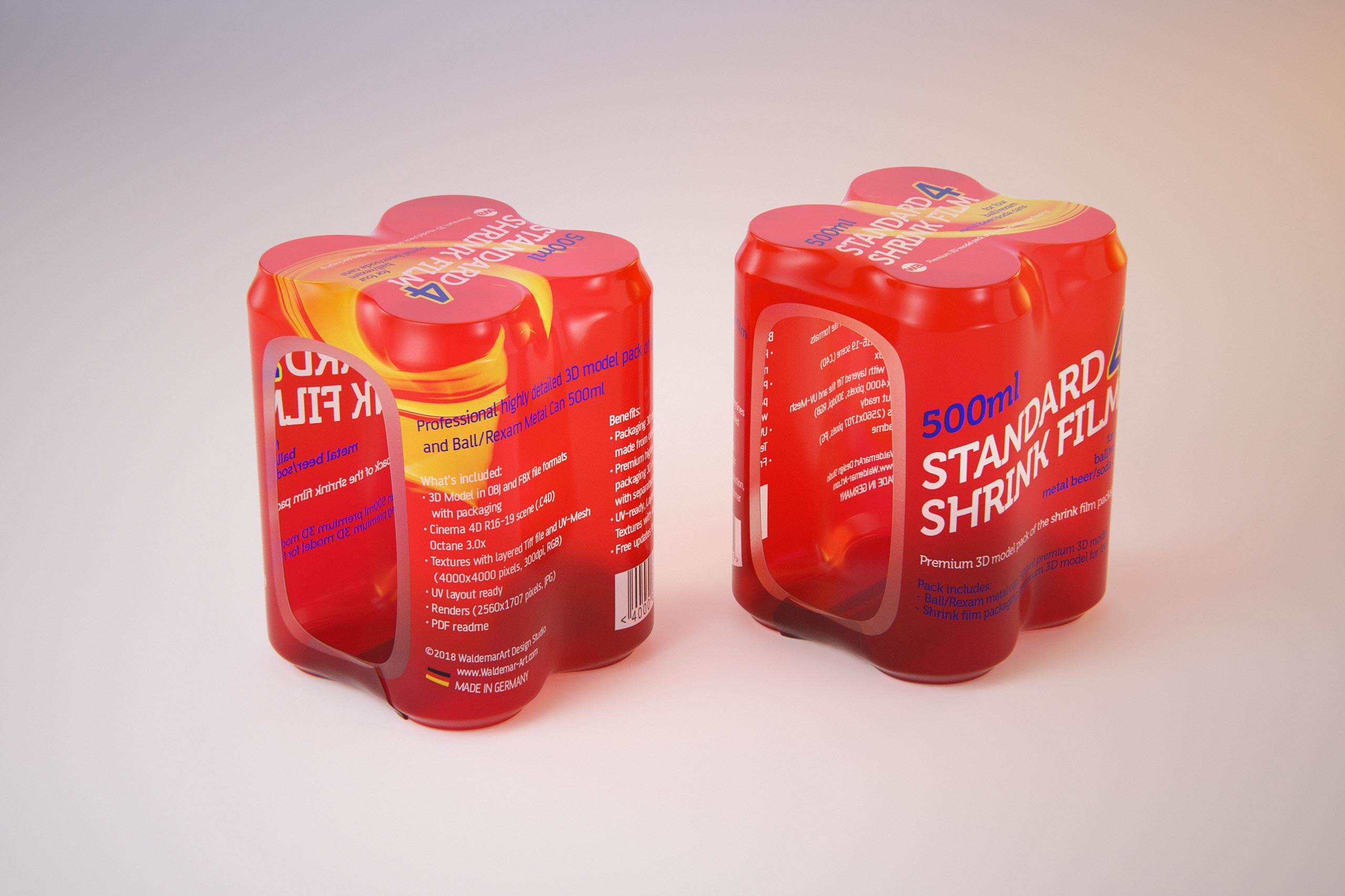 Premium packaging 3D Model of 4x500ml Standard Beer/Soda Cans in Smooth Shrink Film Wrap