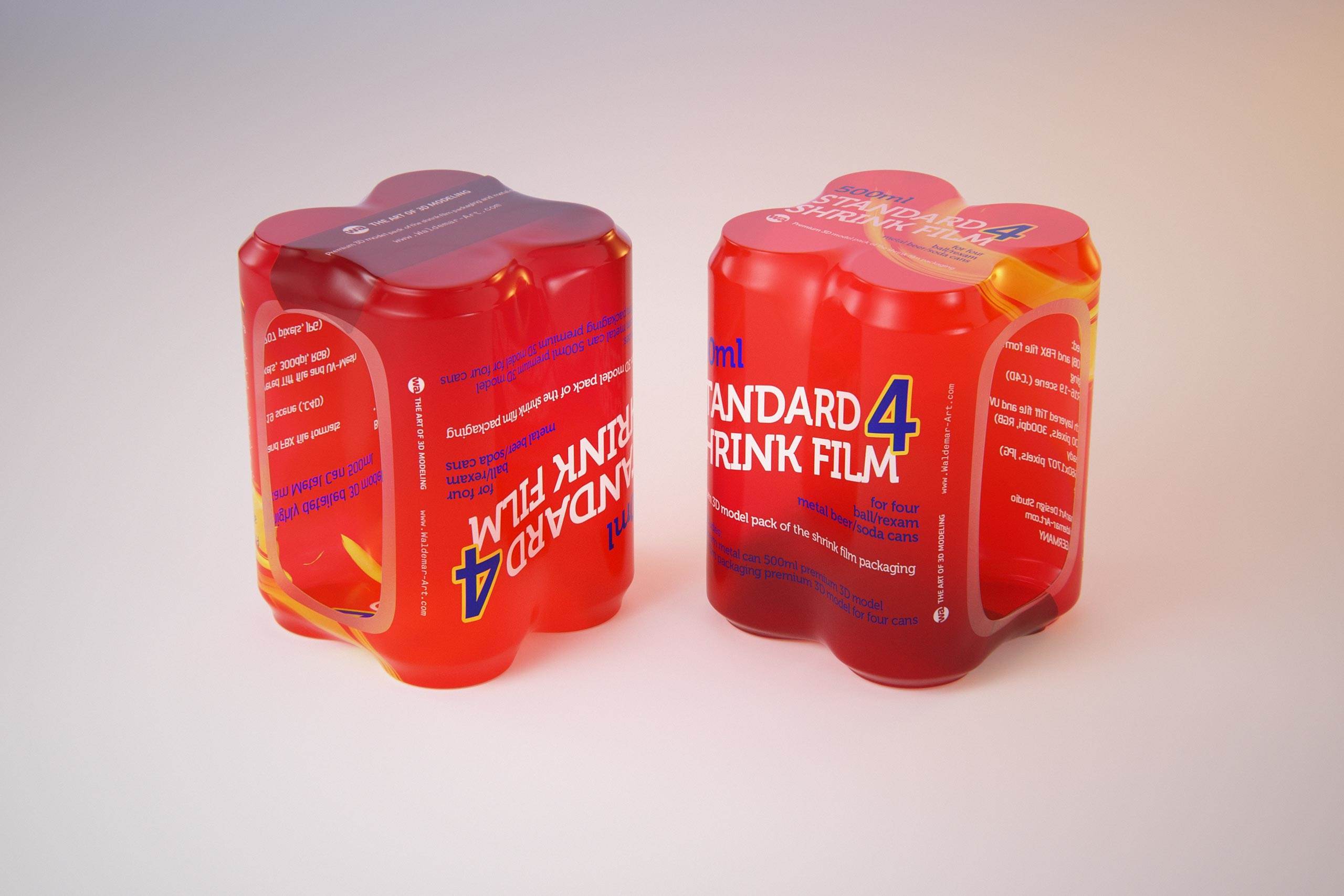 Premium packaging 3D Model of 4x500ml Standard Beer/Soda Cans in Smooth Shrink Film Wrap