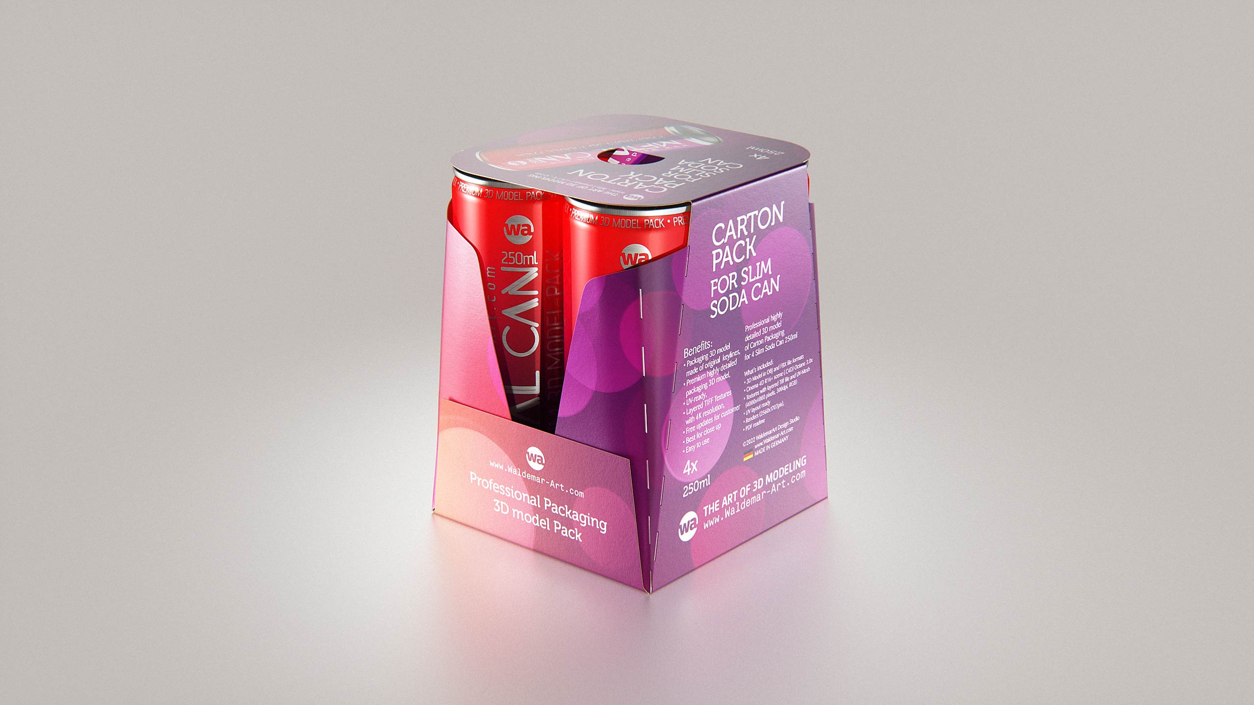 Premium Packaging 3D Model of carton box for 4x250ml Slim Soda Can