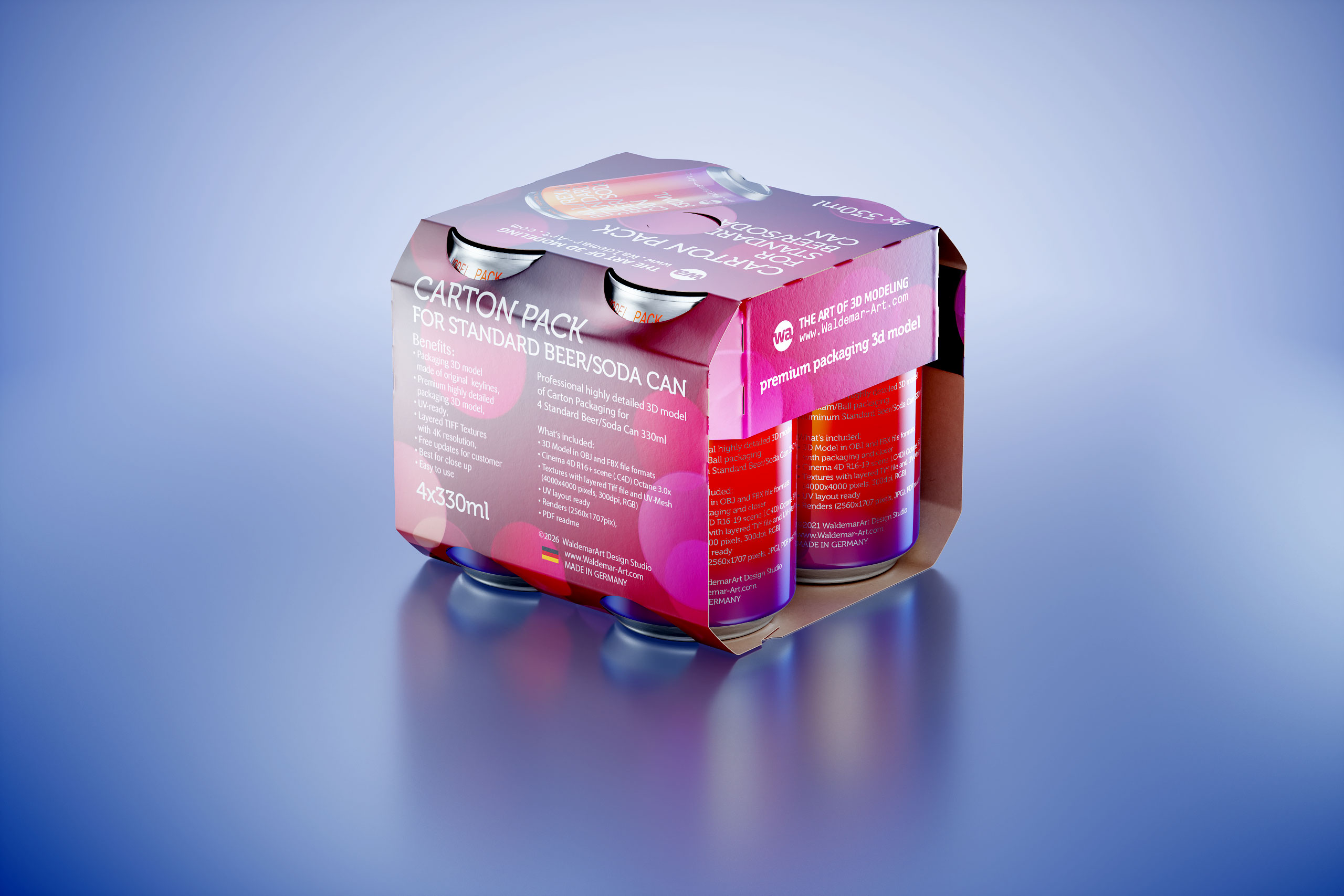 Premium Carton 3D packaging Model for 4x330ml Standard Beer/Soda Cans