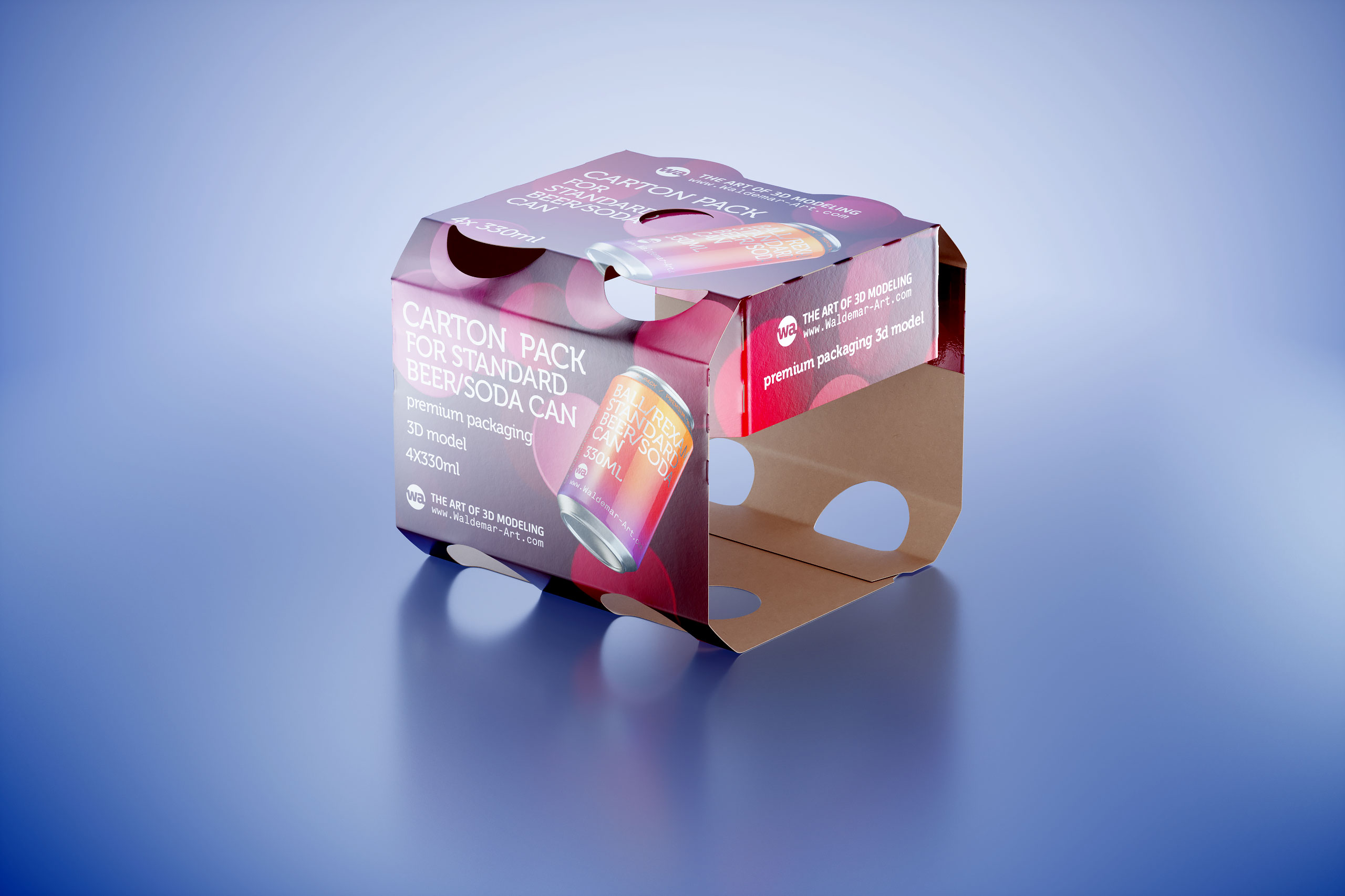Premium Carton 3D packaging Model for 4x330ml Standard Beer/Soda Cans
