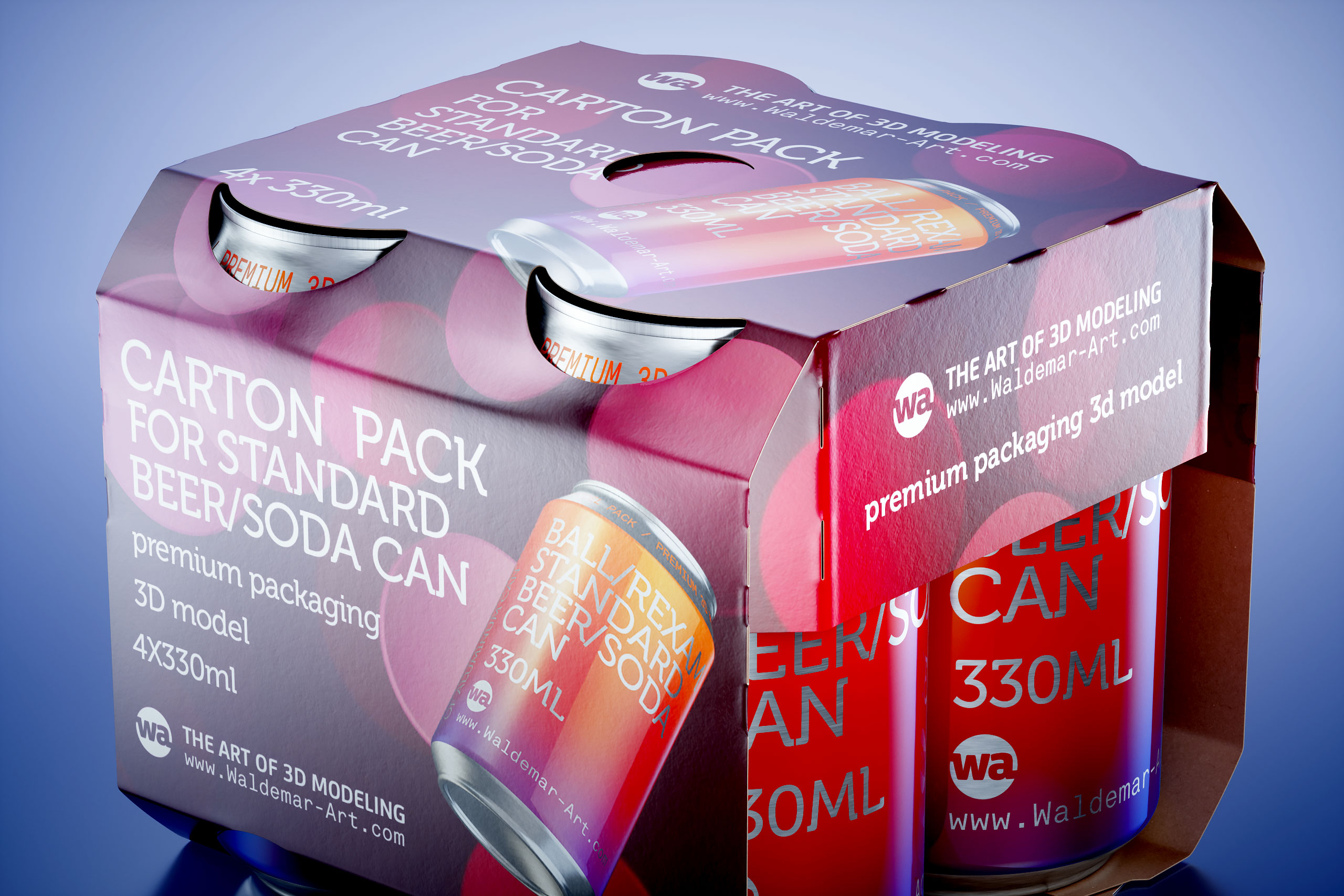 Premium Carton 3D packaging Model for 4x330ml Standard Beer/Soda Cans