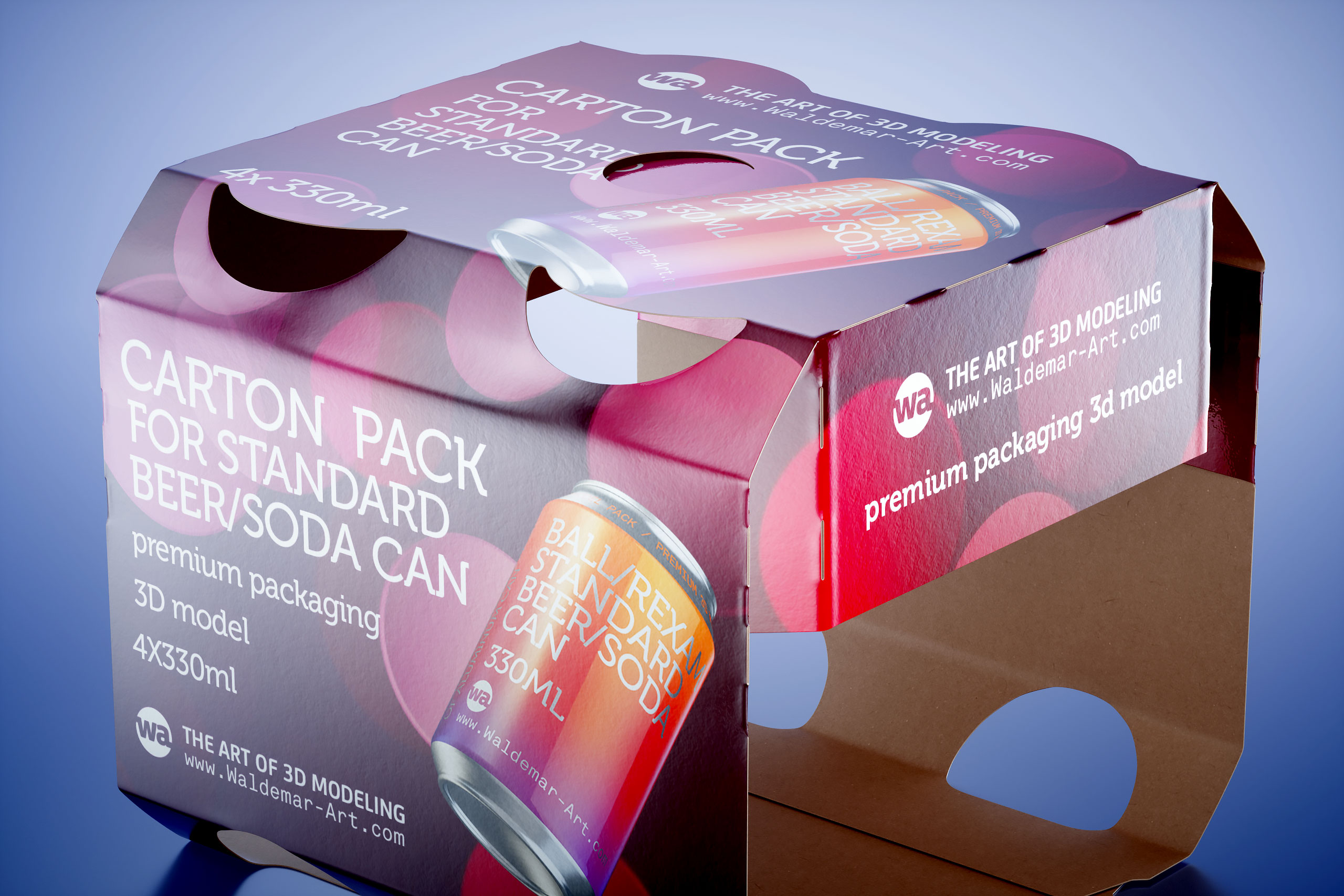 Premium Carton 3D packaging Model for 4x330ml Standard Beer/Soda Cans