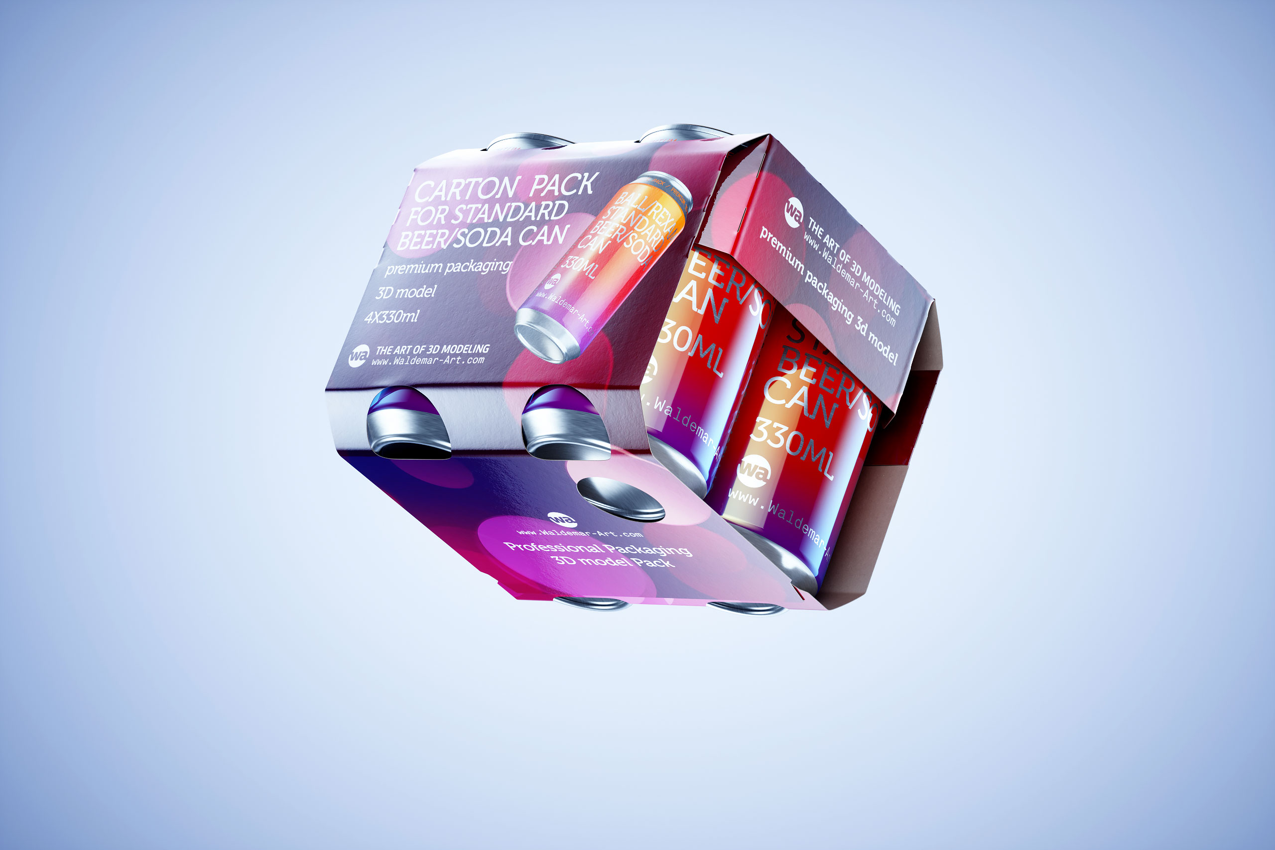 Premium Carton 3D packaging Model for 4x330ml Standard Beer/Soda Cans