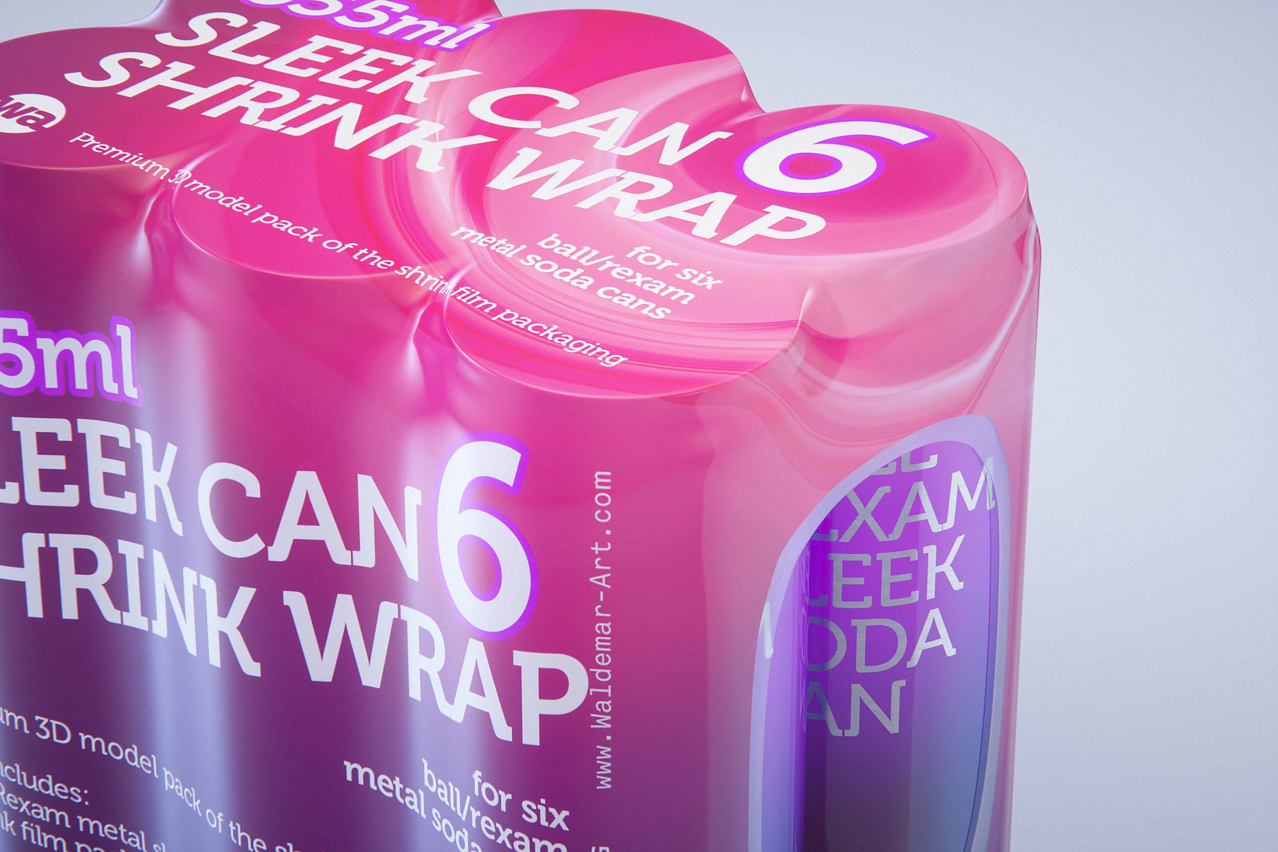 Premium packaging 3D Model of 6x350ml/355ml Sleek Soda Cans in Shrink Film Wrap