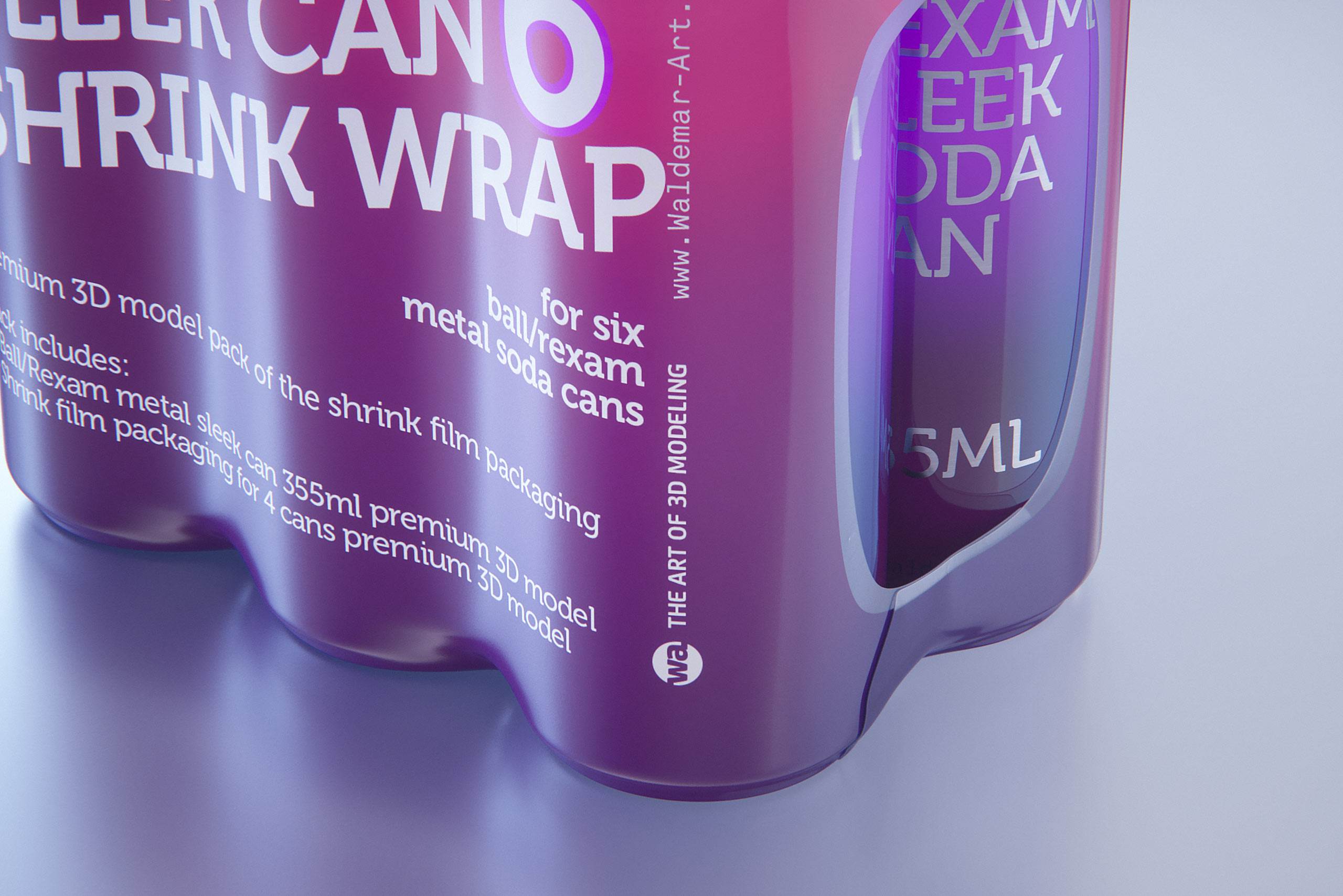 Premium packaging 3D Model of 6x350ml/355ml Sleek Soda Cans in Shrink Film Wrap