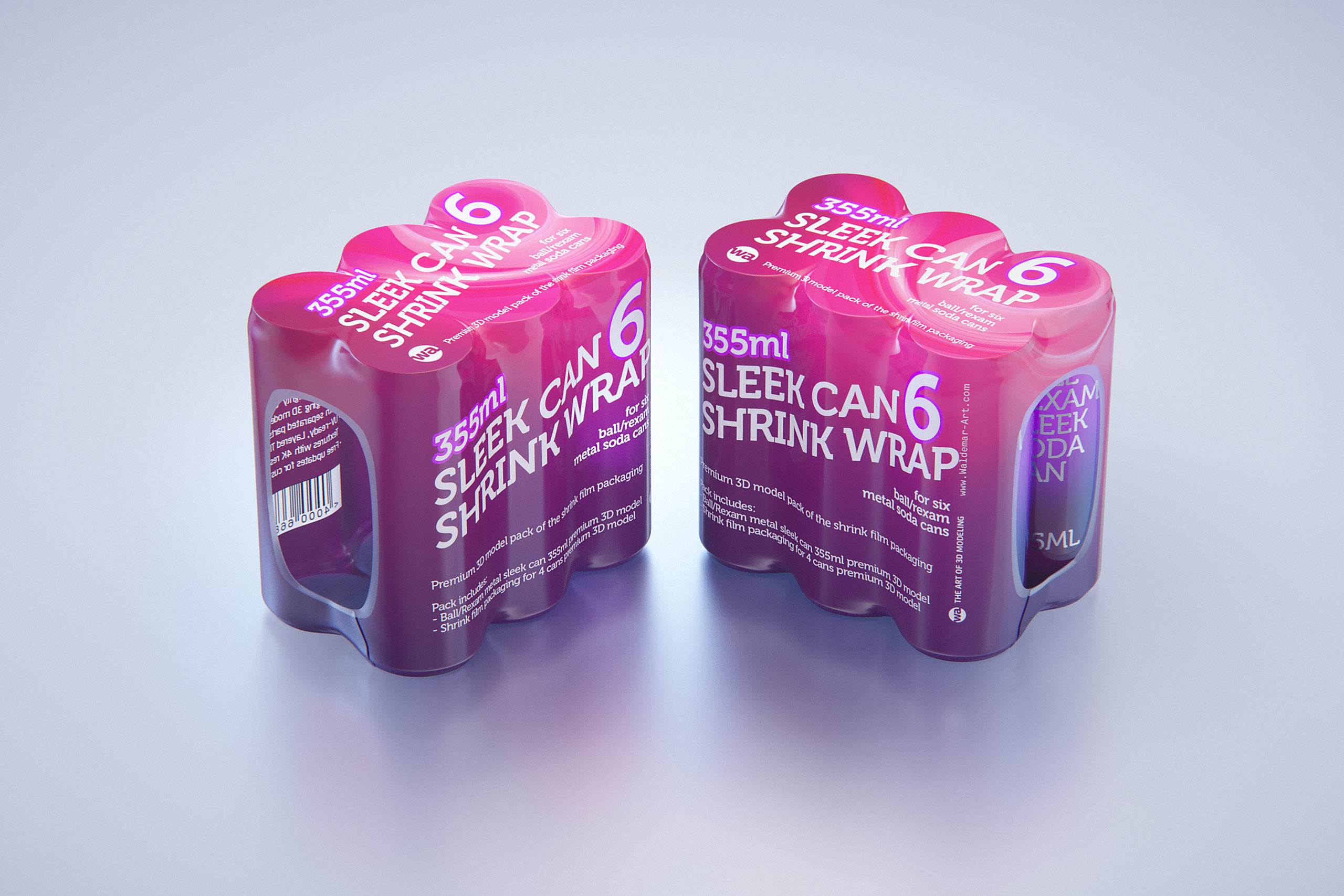 Premium packaging 3D Model of 6x350ml/355ml Sleek Soda Cans in Shrink Film Wrap