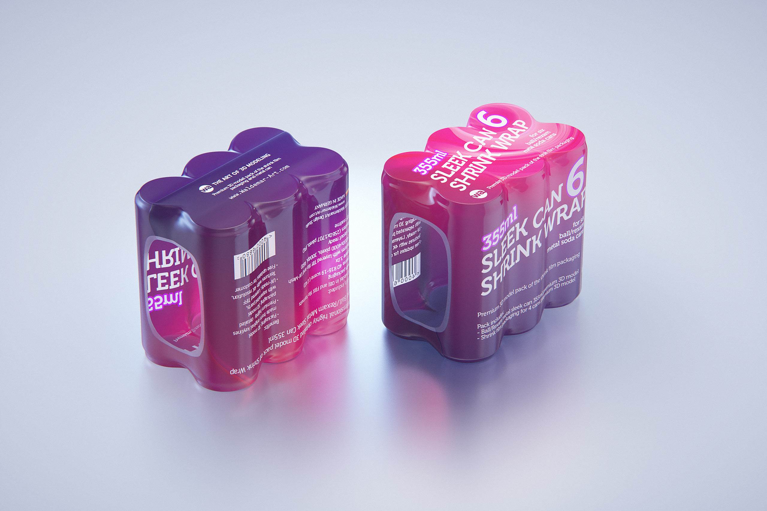 Premium packaging 3D Model of 6x350ml/355ml Sleek Soda Cans in Shrink Film Wrap