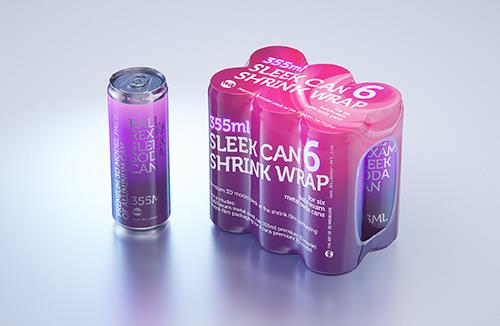 Multipack of 6×350/355ml sleek soda cans in shrink wrap