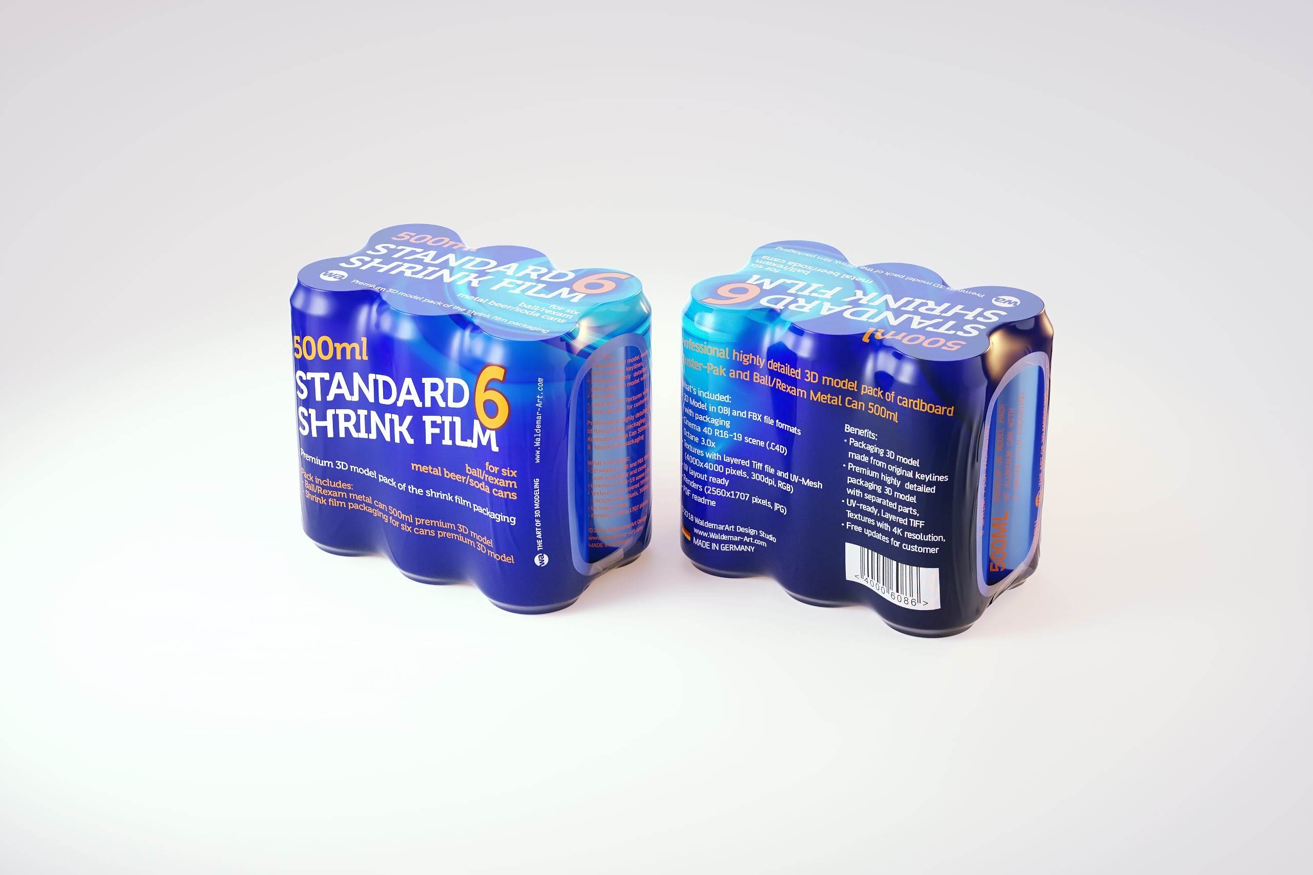Premium packaging 3D Model of 6x500ml Standard Beer/Soda Cans in Shrink Film Wrap