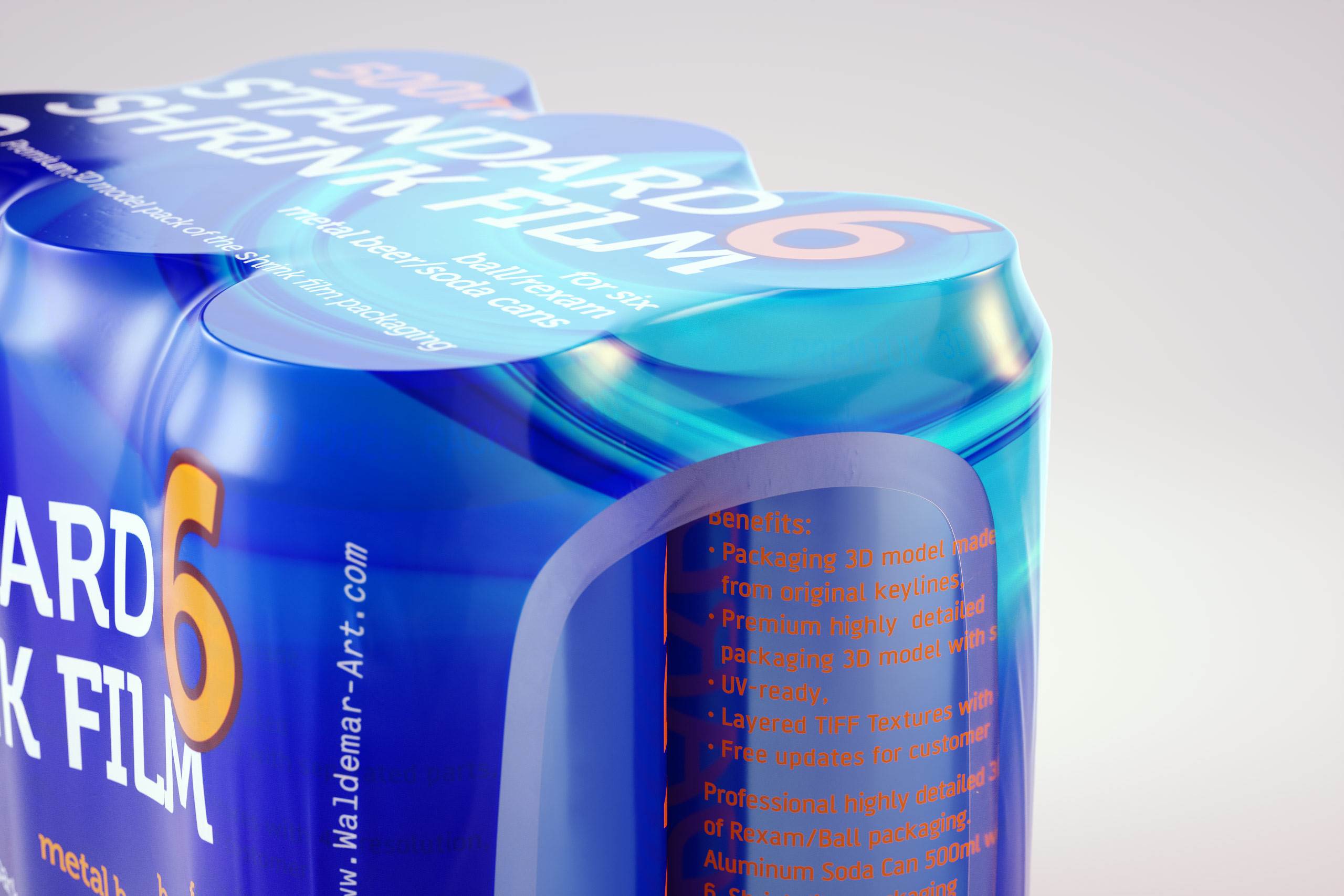 Premium packaging 3D Model of 6x500ml Standard Beer/Soda Cans in Shrink Film Wrap