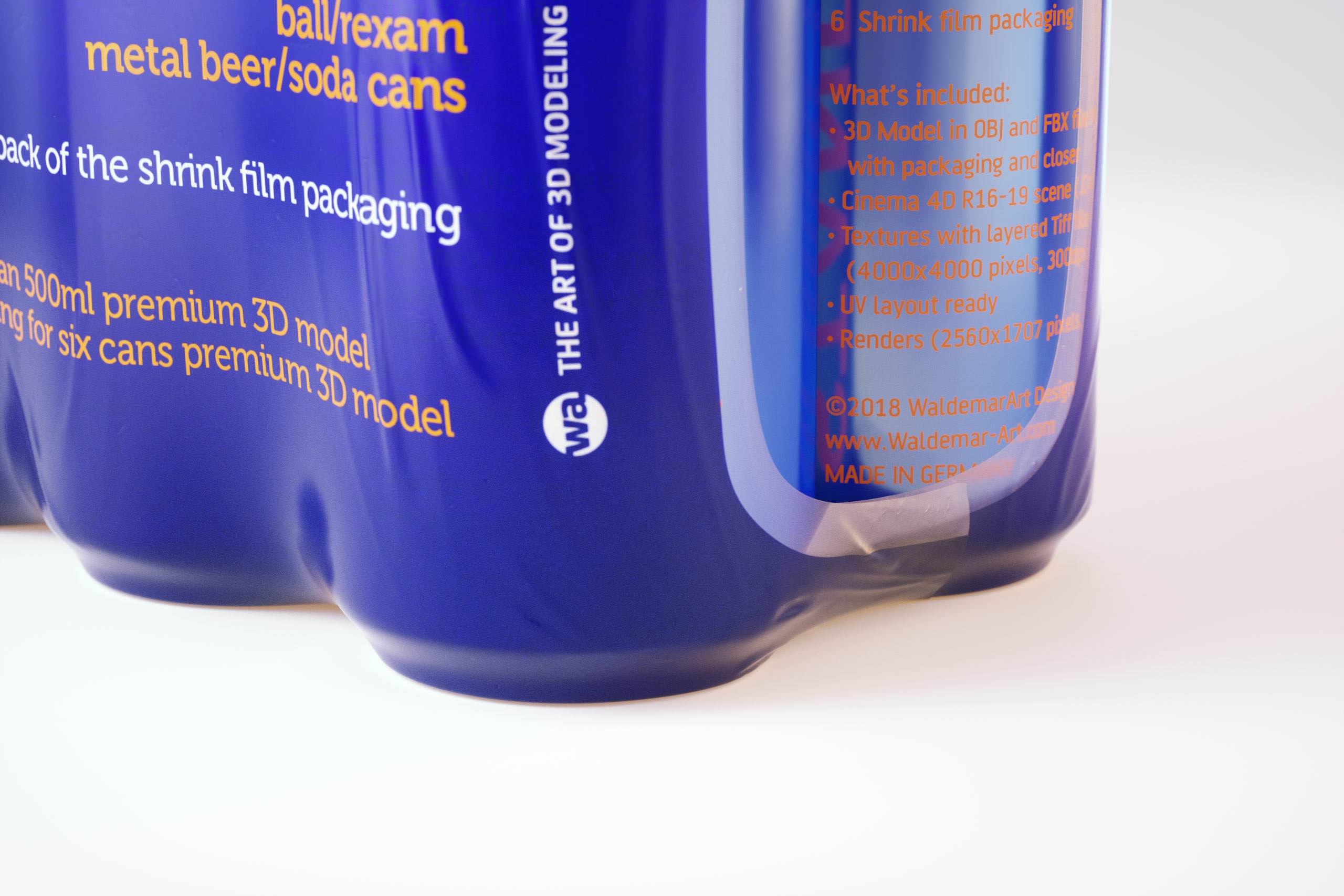 Premium packaging 3D Model of 6x500ml Standard Beer/Soda Cans in Shrink Film Wrap