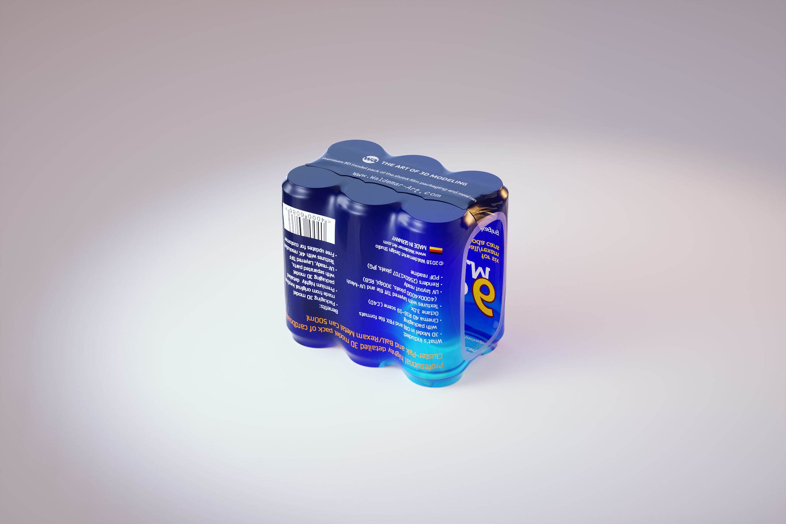 Premium packaging 3D Model of 6x500ml Standard Beer/Soda Cans in Shrink Film Wrap