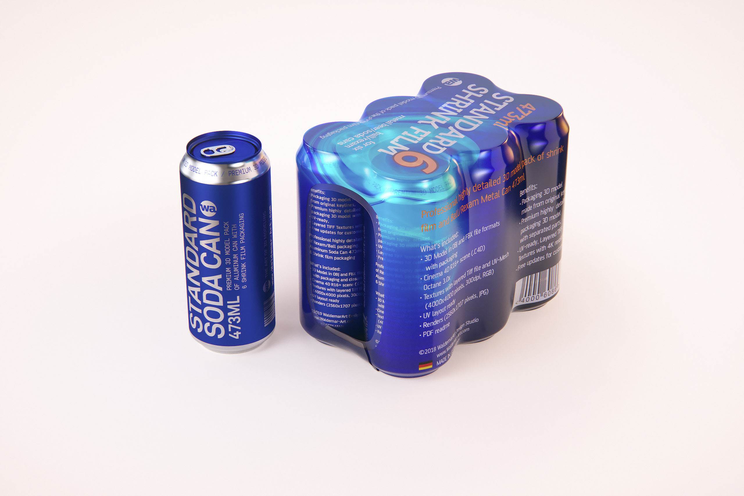 Premium packaging 3D Model of 6x473ml Standard Soda Cans in Shrink Film Wrap